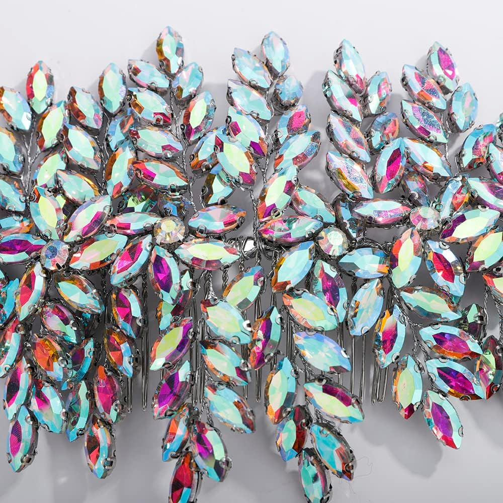 Teyglen Large Full Rhinestones Flower Bride Wedding Hair Comb Headband Luxurious Hair Accessories Dainty Crystals Bridal Side Hair Combs for Women Bride Girls (AB Color) - Ab Color image number 4