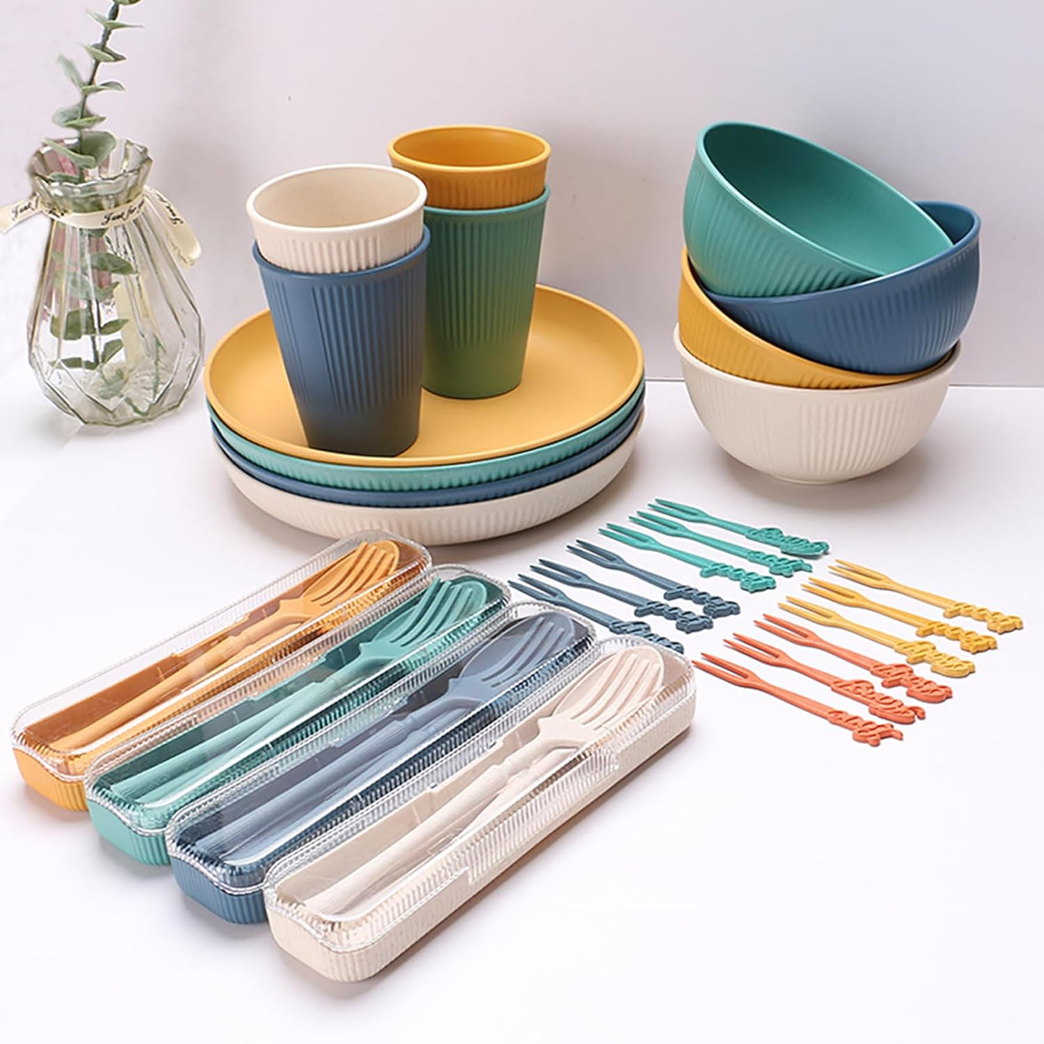 32 Pieces Wheat Straw Dinnerware Sets, Reusable Unbreakable Dinnerware Set, Plastic Dinnerware Sets, Picnic Camping Dinner Sets, Lightweight Camping Plates Cups and Bowls Set for Dorm Kitchen image number 2