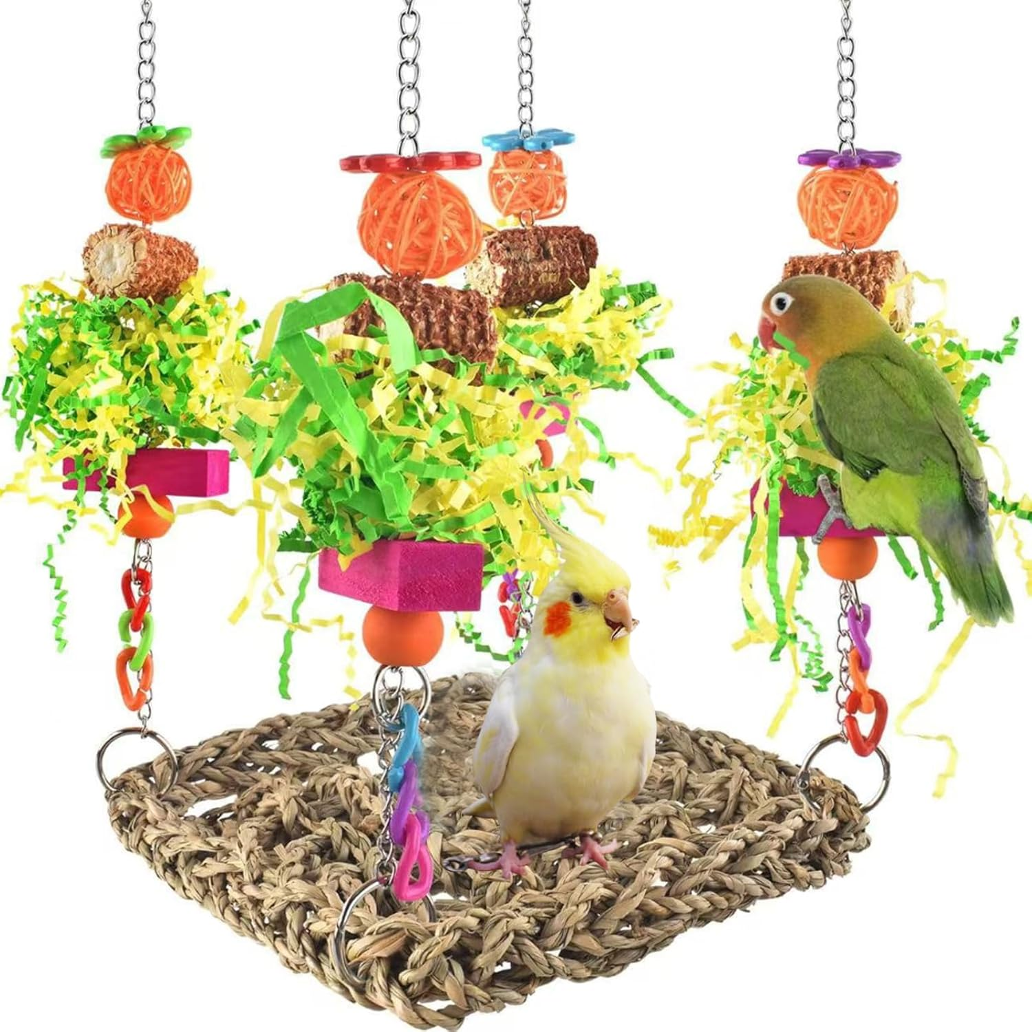 SUSOO Hanging Bird Swing Bed with Colorful Foraging Chew Birds Toys, Seagrass Woven Climbing Hammock, Wooden Stand Perch Bird Cage Accessories for Parrots, Parakeets, Budgies, Conures, Cockatiel image number 4