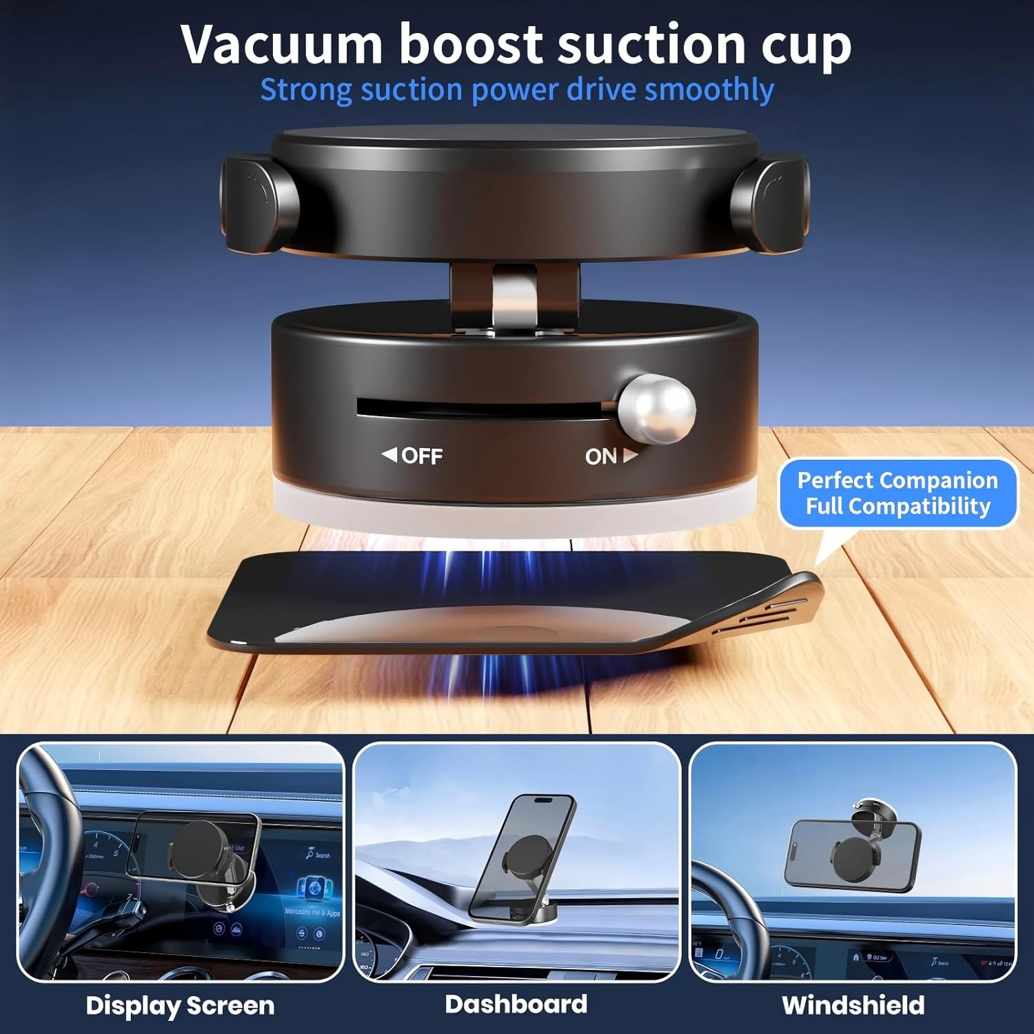 Car Phone Holder, Vacuum Magnetic Suction Phone Mount with Clamp, Magnetic Adjustable Holder, 360&deg; Rotatable Mobile Phones Holders for Dashboard, Magnetic Mount for Iphone All Smartphones, Black