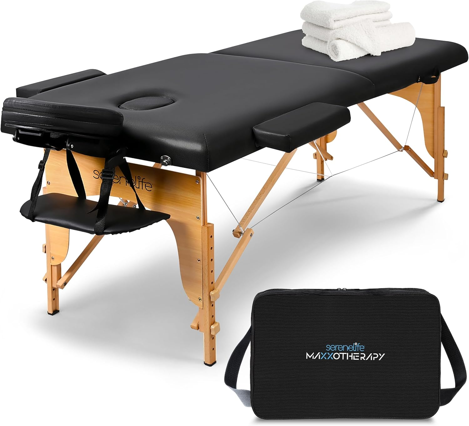 Serenelife Professional Portable Massage Bed Table with Carrying Bag, Black/Brown image number 2