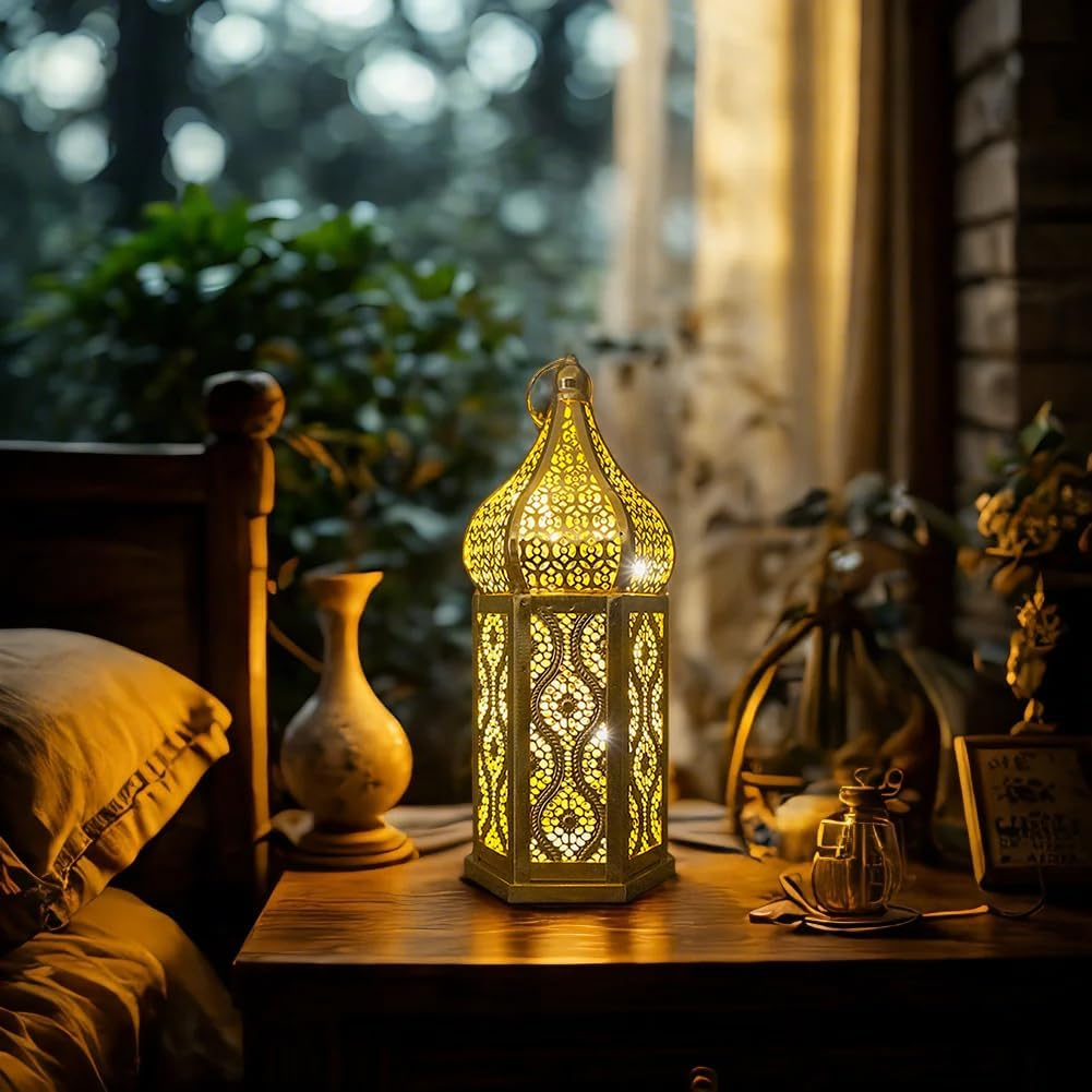 Surakey Moroccan Lantern Decorative Indoor, Decorative Lanterns for Home Decor, Gold Moroccan Lantern Decor, Hollow LED Lights Lanterns for Centerpiece Table Decorations,Large Gold image number 1