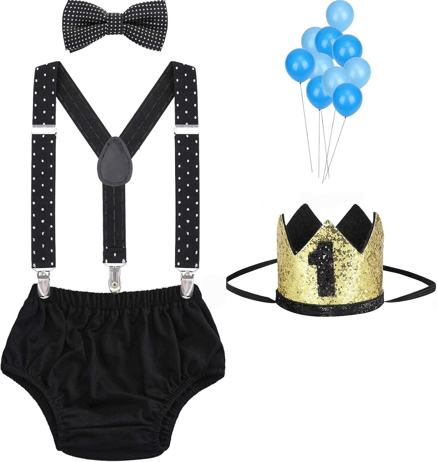 WELROG Baby Boys First Birthday Cake Smash Outfit Bow Tie Suspenders Bloomers Birthday Hat Sparkle Gold