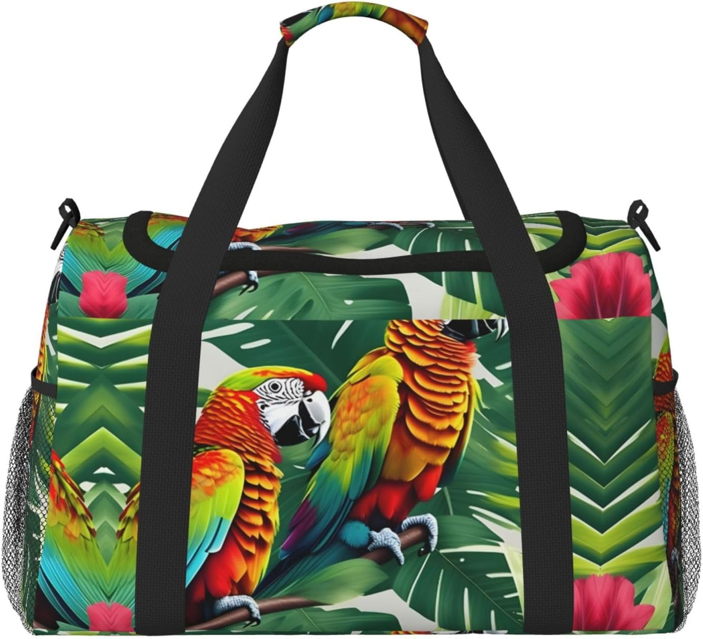 Tropical Flower Leaf Parrot Print Weekender Overnight Carry on Bag Duffel Bag for Travel Women Men Gym Luggage Bag Carry On, Black, One Size image number 3
