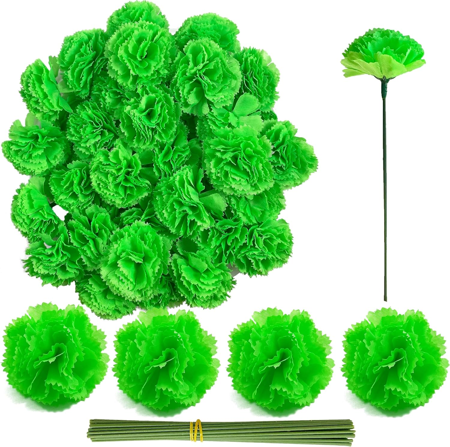 Marigold Flower Heads Bulk 50Pcs, Faux Mexican Marigold Artificial Flowers for Diwali Home Decor DIY Wreath Garland Craft Wedding Mexican Party Day of the Dead Decoration Halloween Decor(Green) image number 1