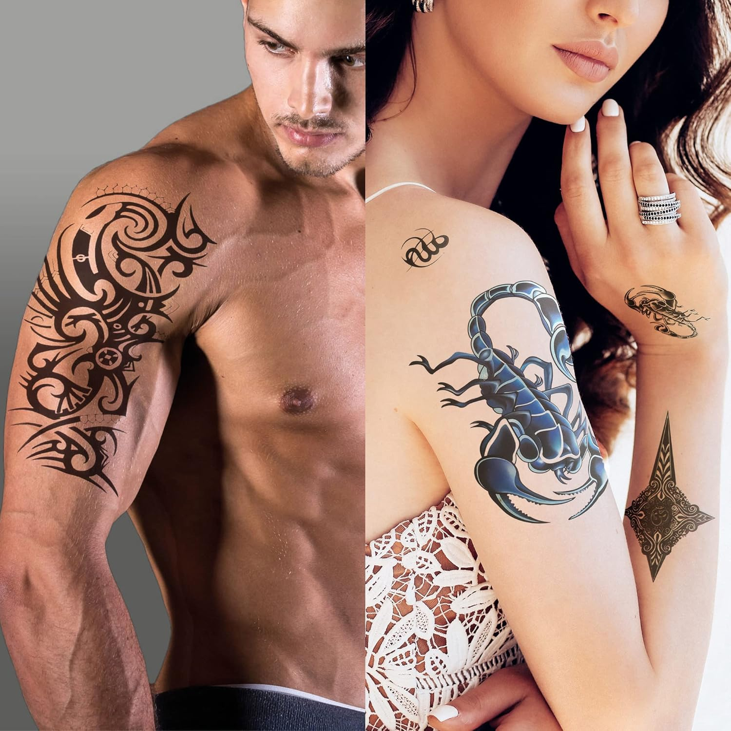 Temporary Tattoos for Men Guys Boys & Teens - Fake Half Arm Tattoos Sleeves for Arms Shoulders Chest Back Legs Cross Skull Owl Clock Scorpion Rose Realistic Waterproof Transfers 8 Sheets 8X6" image number 3