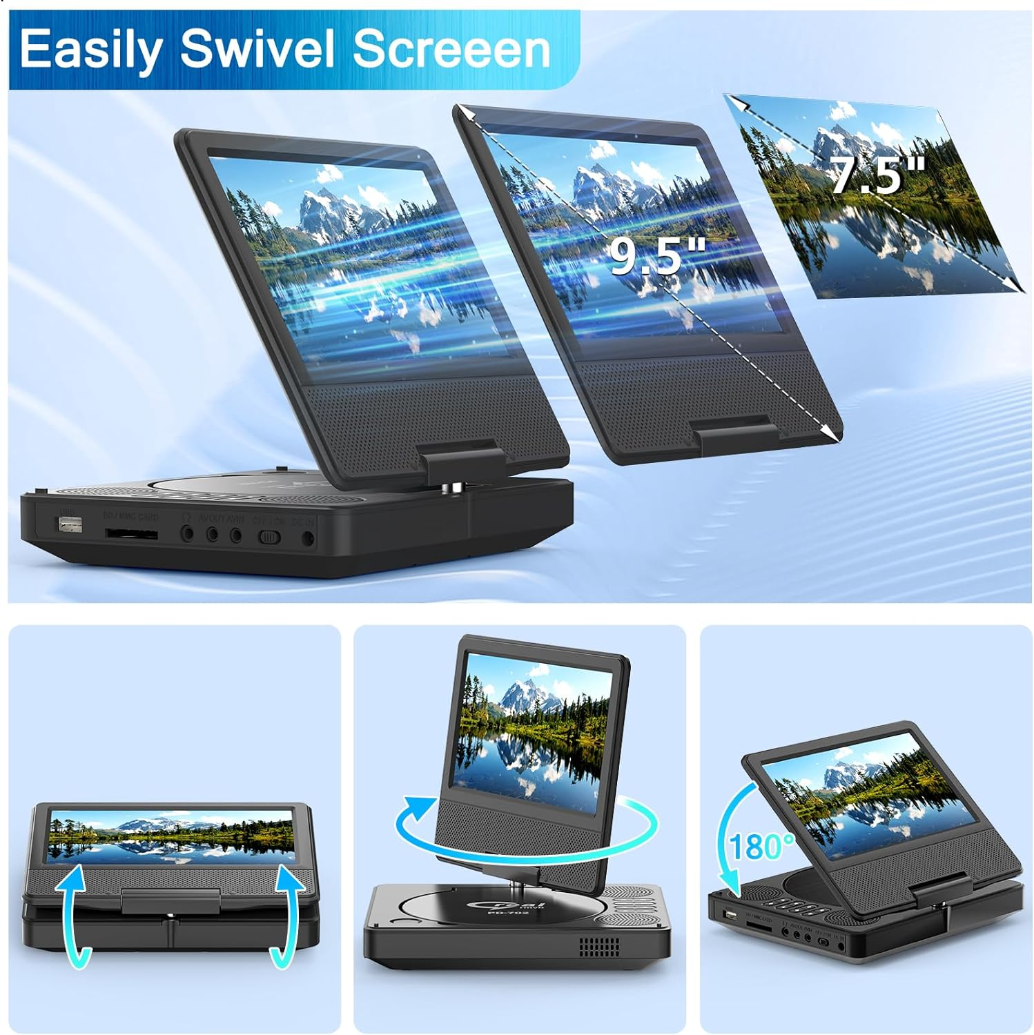 9.5" Portable DVD Player with 7.5" Swivel Display Screen, 5-Hour Built-In Rechargeable Battery, Car DVD Player,Supports SD Card/Usb/Cd/Dvd and Multiple Disc Formats, High Volume Speaker image number 2