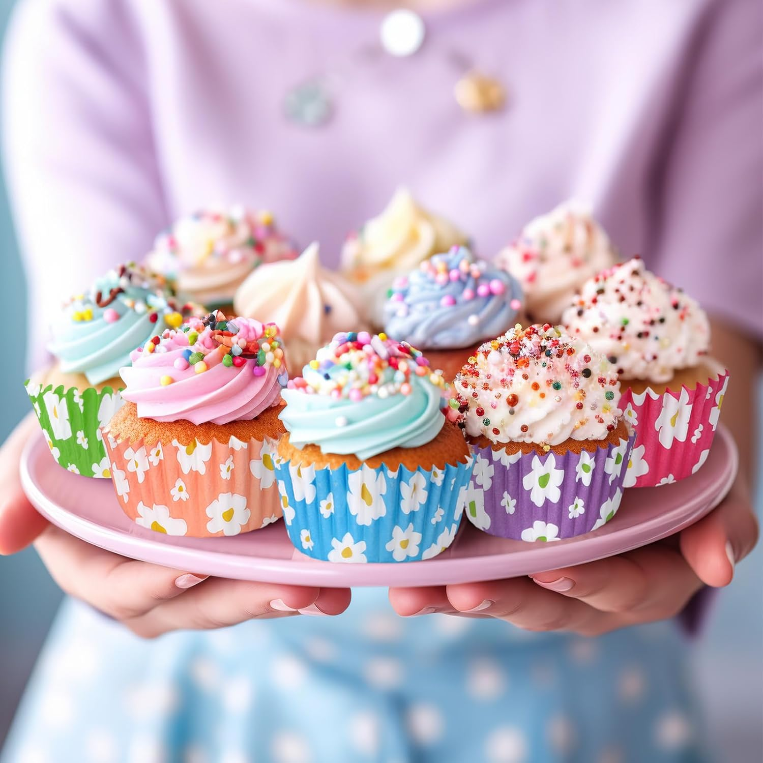 Whaline 600Pcs Colorful Daisy Flower Cupcake Liners Spring Rainbow Color Cupcake Wrappers Baking Cup Boho Groovy Hippie Party Muffin Liners for Spring Summer Baby Shower Wedding Birthday Party image number 6