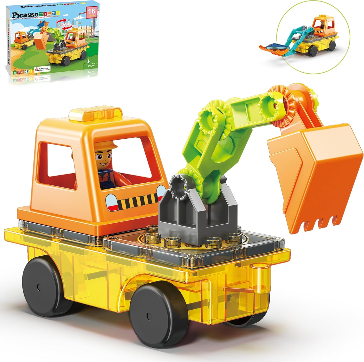Picassotiles Magnet Tiles Building Block 2-In-1 Excavator & Backhoe Brick Compatible Construction Playset with Car Base Magnetic Character Action Figure STEM Educational Learning Toy Kit Age 3+ PTU04 image number 3