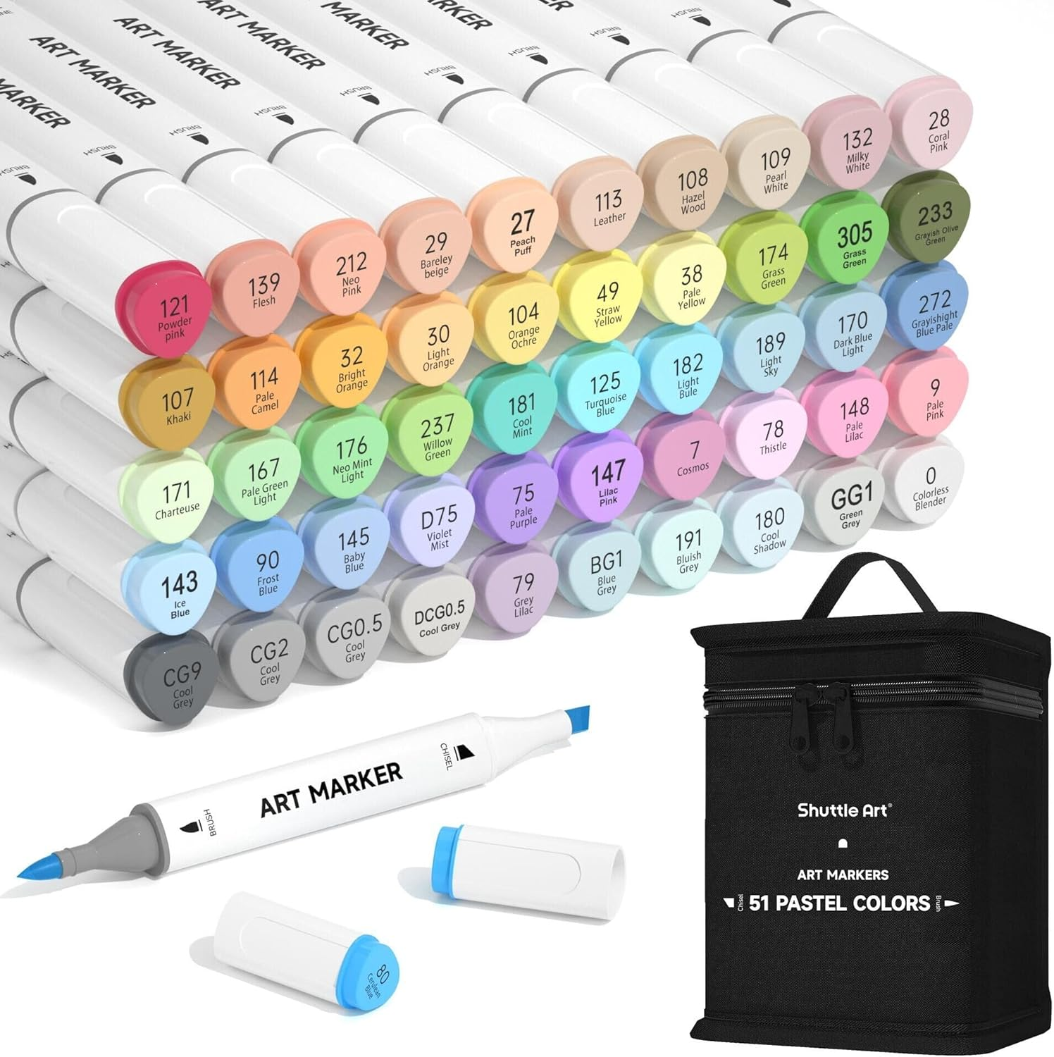 Shuttle Art Pastel Alcohol Markers Brush Tip, Dual Tip Brush & Chisel Tip Art Marker Set, 50 Colors plus 1 Blender Marker Pens with Case Perfect for Illustration Students Adults Coloring Sketching image number 3