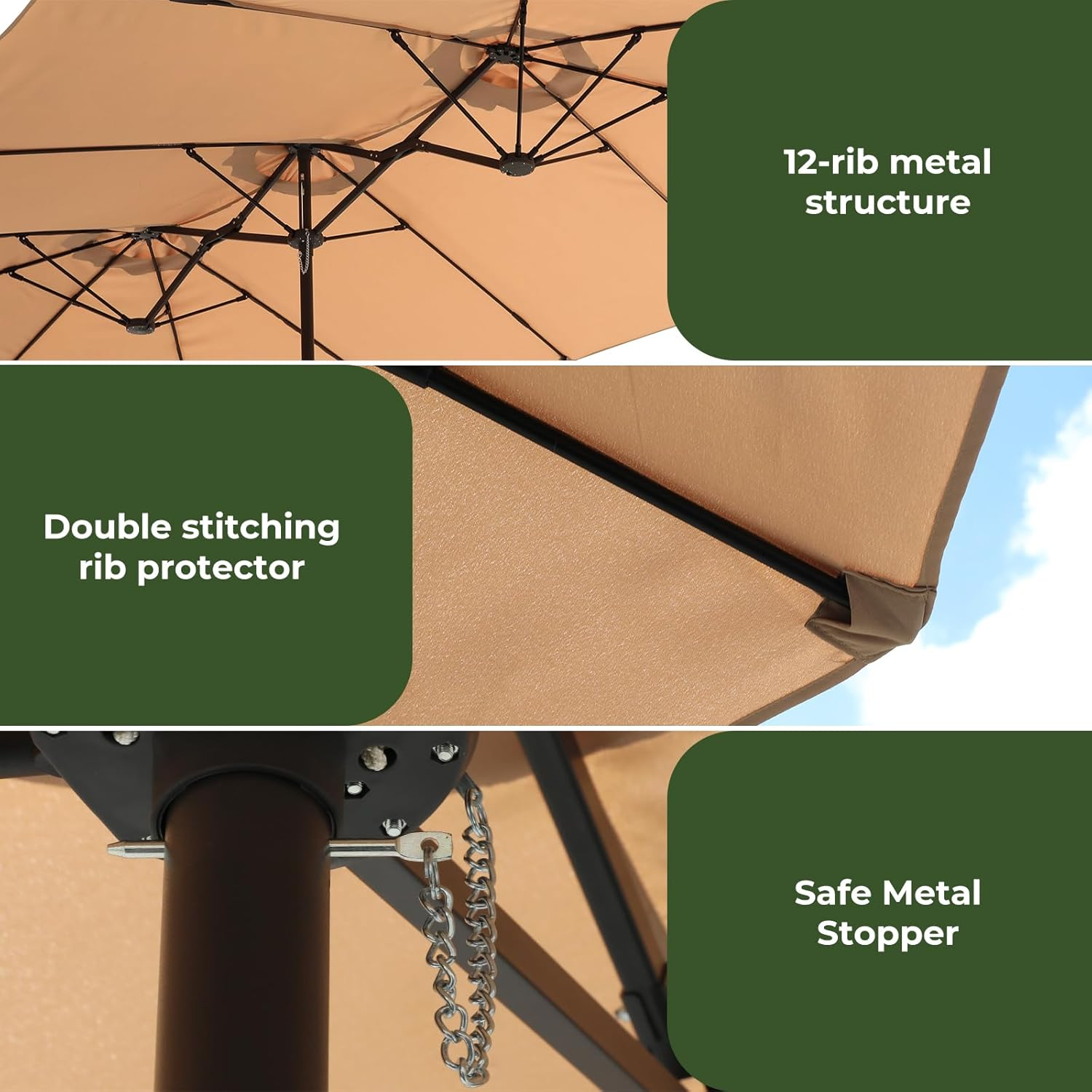 4X2M/4.5X2.6M Double-Sided Large Patio Umbrella with Base Included, Outdoor Extra Large Rectangle Market Umbrella with Crank Handle and 12 Sturdy Ribs for Pool Lawn Garden(Dark Grey/Khaki)