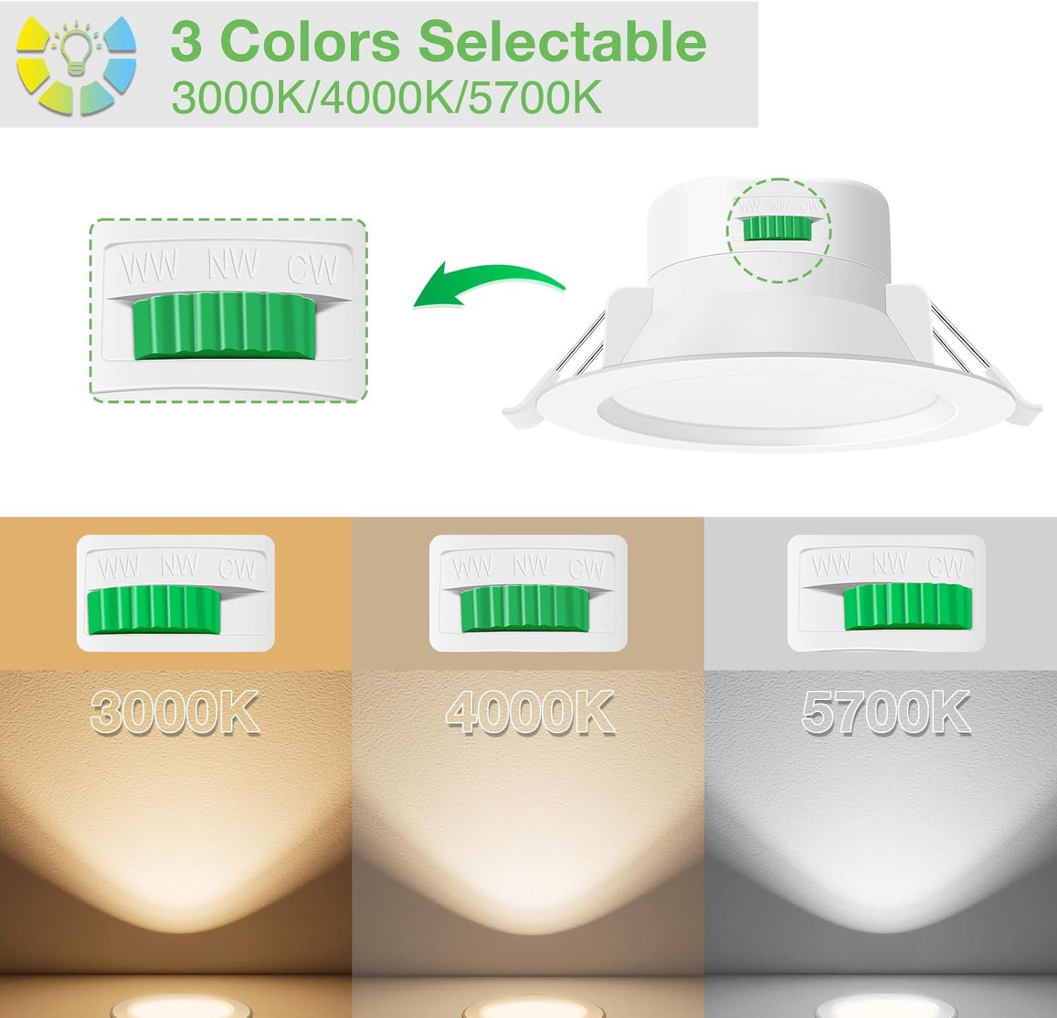 ALUSSO 12W LED Recessed Ceiling Light Dimmable IP44 Spotlight,3000K 4000K 5700K, 90-100Mm Cutout,Suitable for Bathroom,Bedroom,White, Pack of 10 image number 6