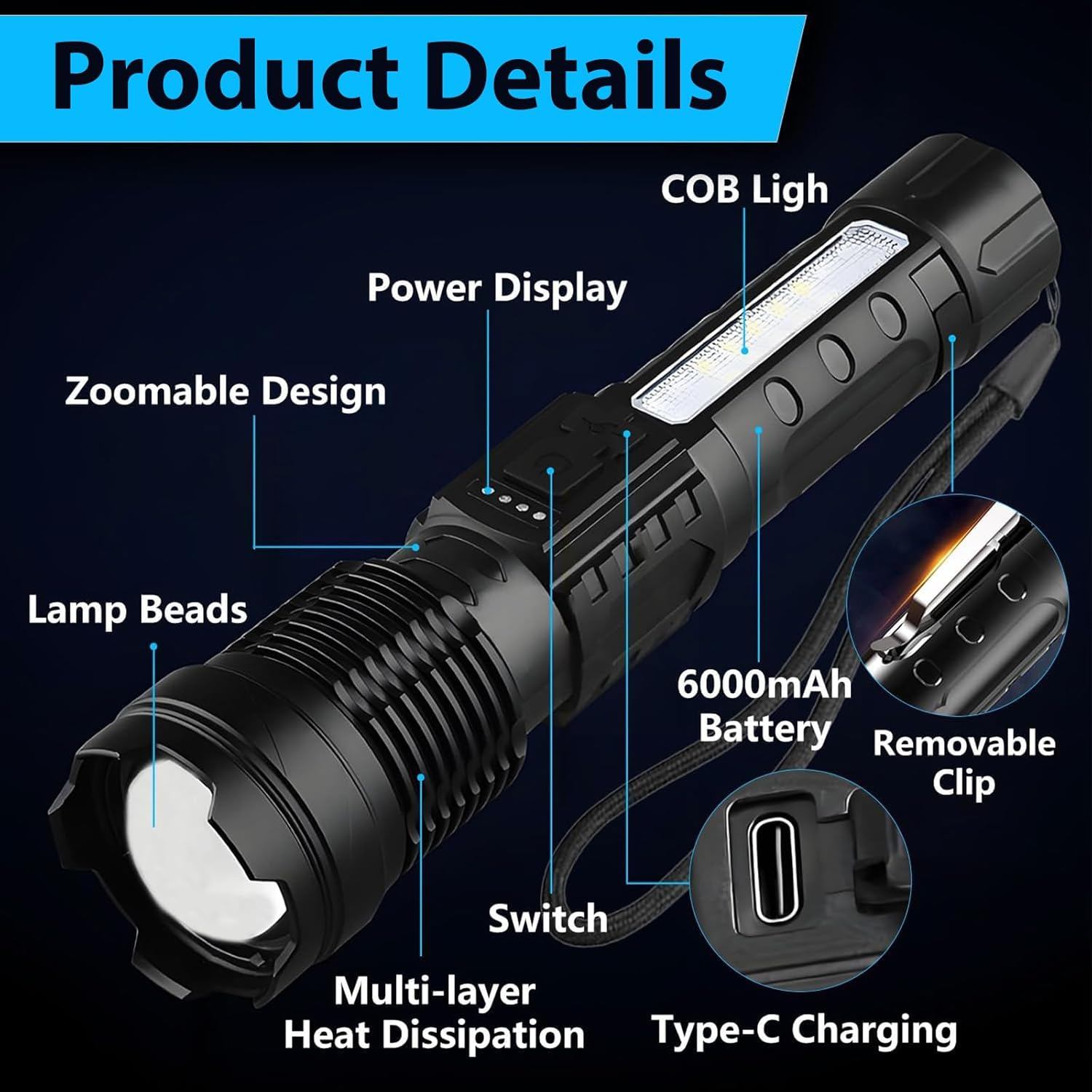 Rechargeable LED Flashlight 20000 Lumens &ndash; Super Bright Torch with 7 Light Modes & COB Side Light, Adjustable Focus, IPX6 Waterproof Powerful Handheld Flash Light for Camping, Emergency, Hiking image number 3