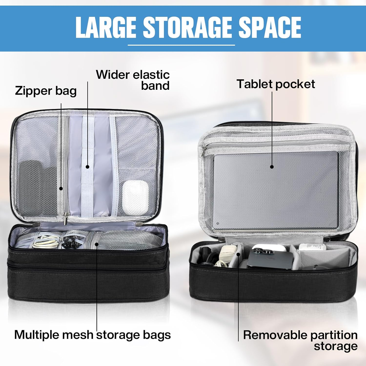 Spardar Cable Organizer, Electronic Organizer Case Universal Travel Bag Electronics Accessories Cases for Cables, Chargers, Earphones, Mouse, Power Bank, SD Card (Black) image number 5