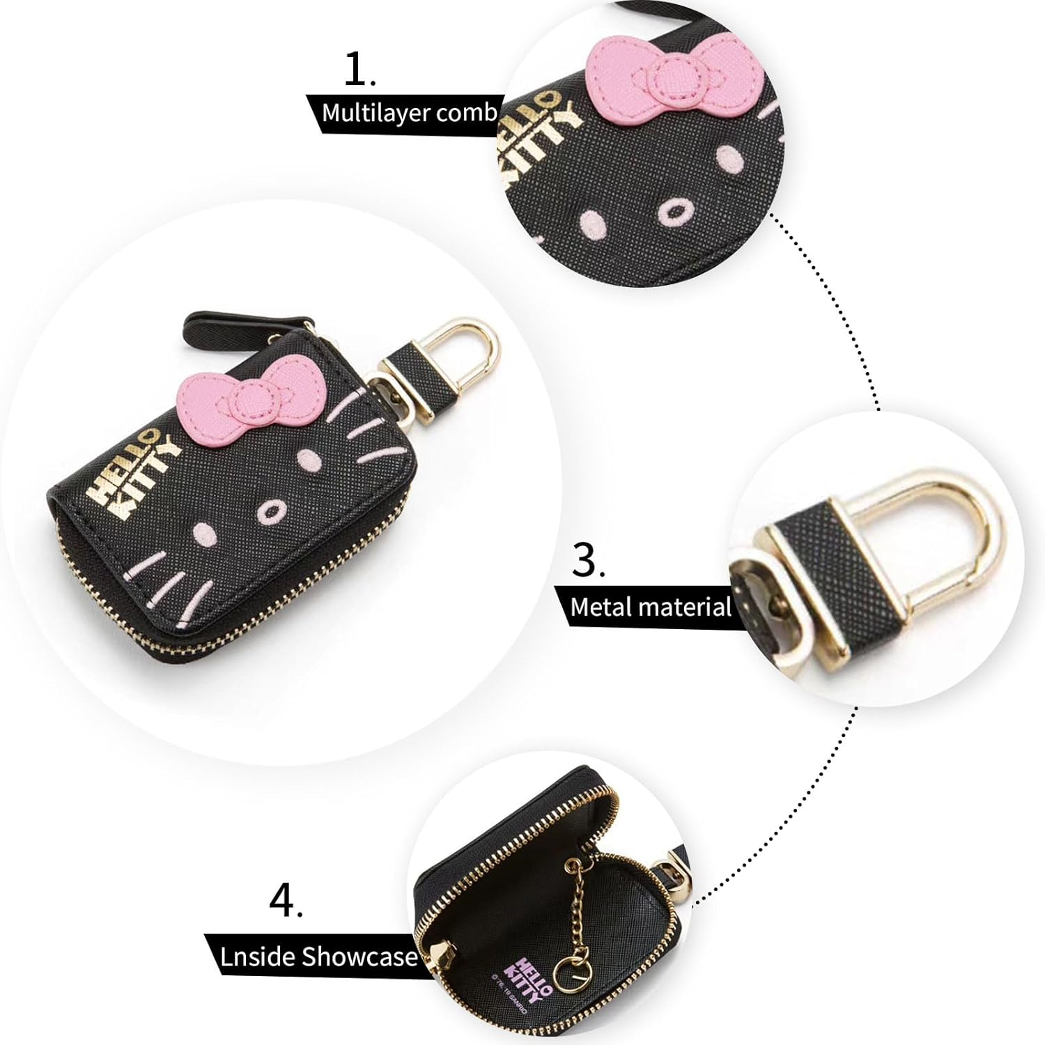 Cute Car Remote Key Case, PU Leather Car Key Holder Ring Box, Metal Hook Zipper Embroidered Bag, for Women and Men - Black image number 5