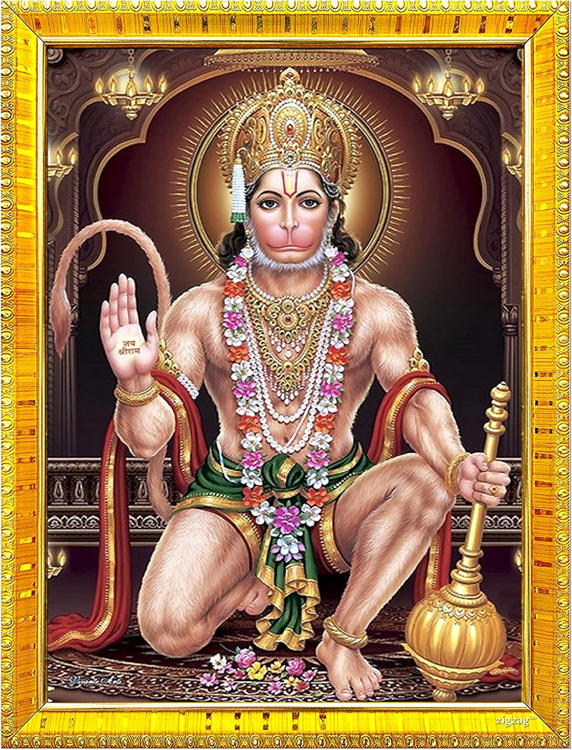 Zig Zag Lord Hanuman Ji Bajrangbali Photo Frame for Wall / Table / Pooja Room ( 7X9 Inches, Acrylic Glass) Golden, Rectangular