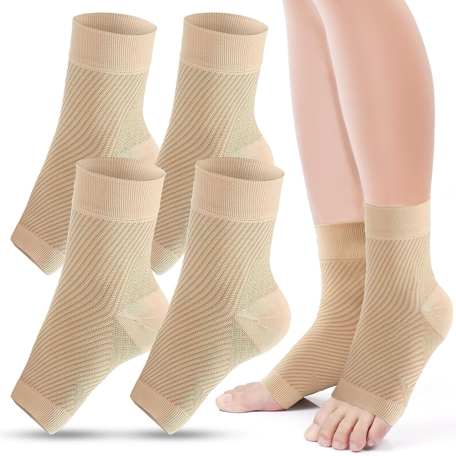 Ankle Brace Compression Sleeves, 2 Pack Open Toe Compression Socks for Swelling, Ankle Support Sleeve for Heel Spurs, Achilles Tendonitis, Plantar Fasciitis, Sprain (Beige L/XL) image number 2