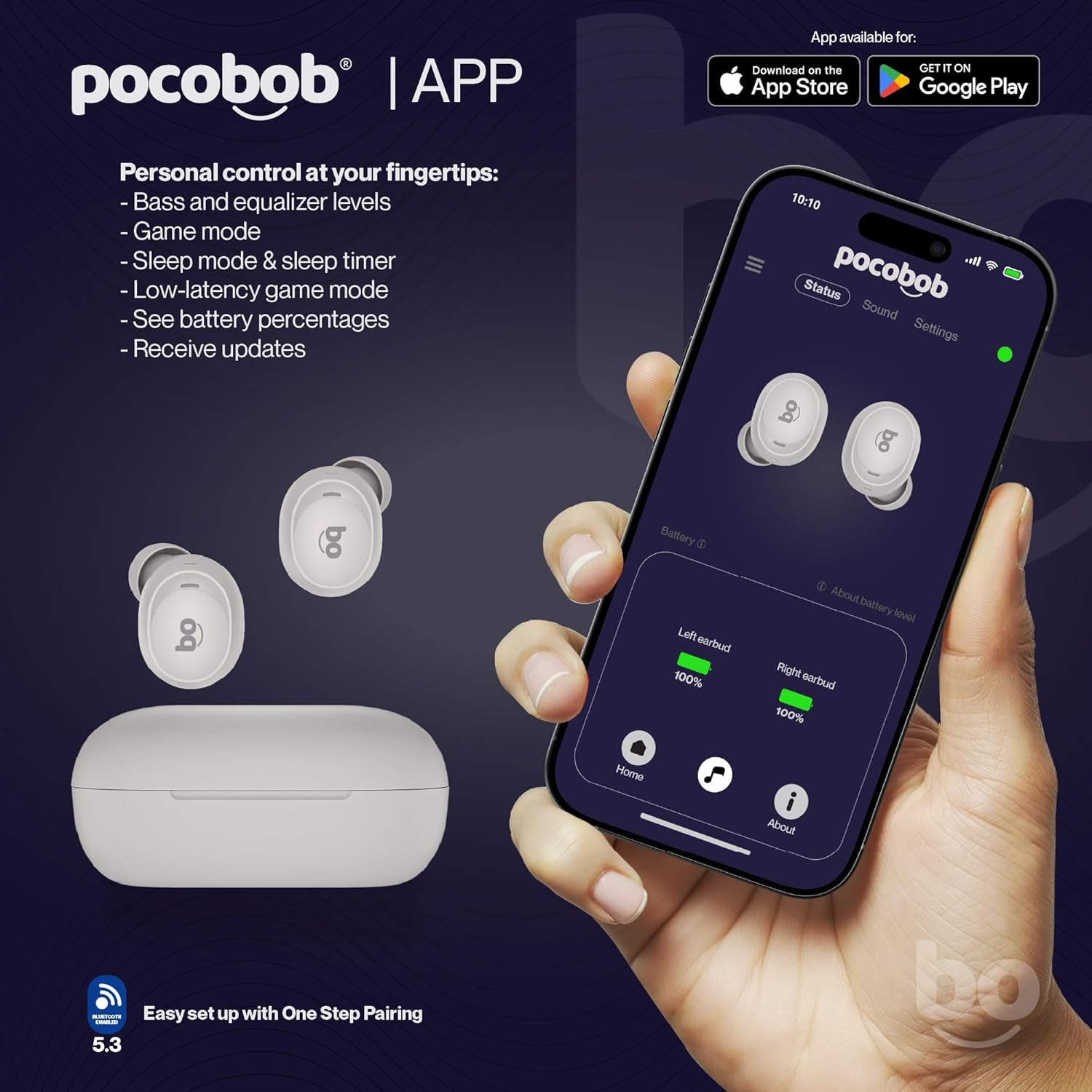 Pocobob to In-Ear Headphones Bluetooth 5.3 - Wireless True Wireless Earphones with Android App, Game Mode, ENC Microphone, 32H Battery, USB-C Charging, IPX4 Waterproof, Compact & Suitable for Everyday image number 2