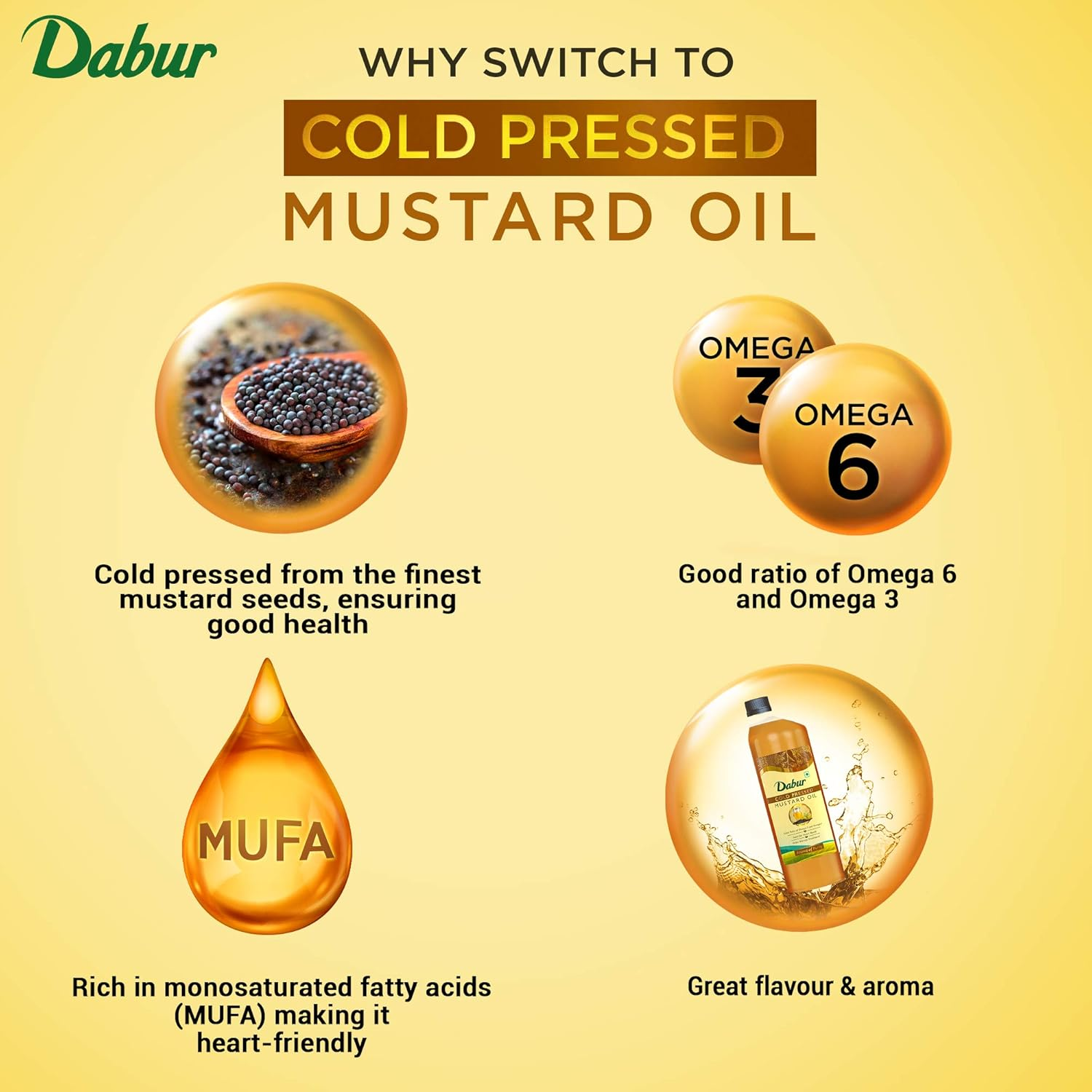 Dabur Cold Pressed Mustard Oil 1L | Healthy Cooking Oil | Goodness of Omega 3 & 6 | Perfect Blend of Health, Taste & Aroma image number 1