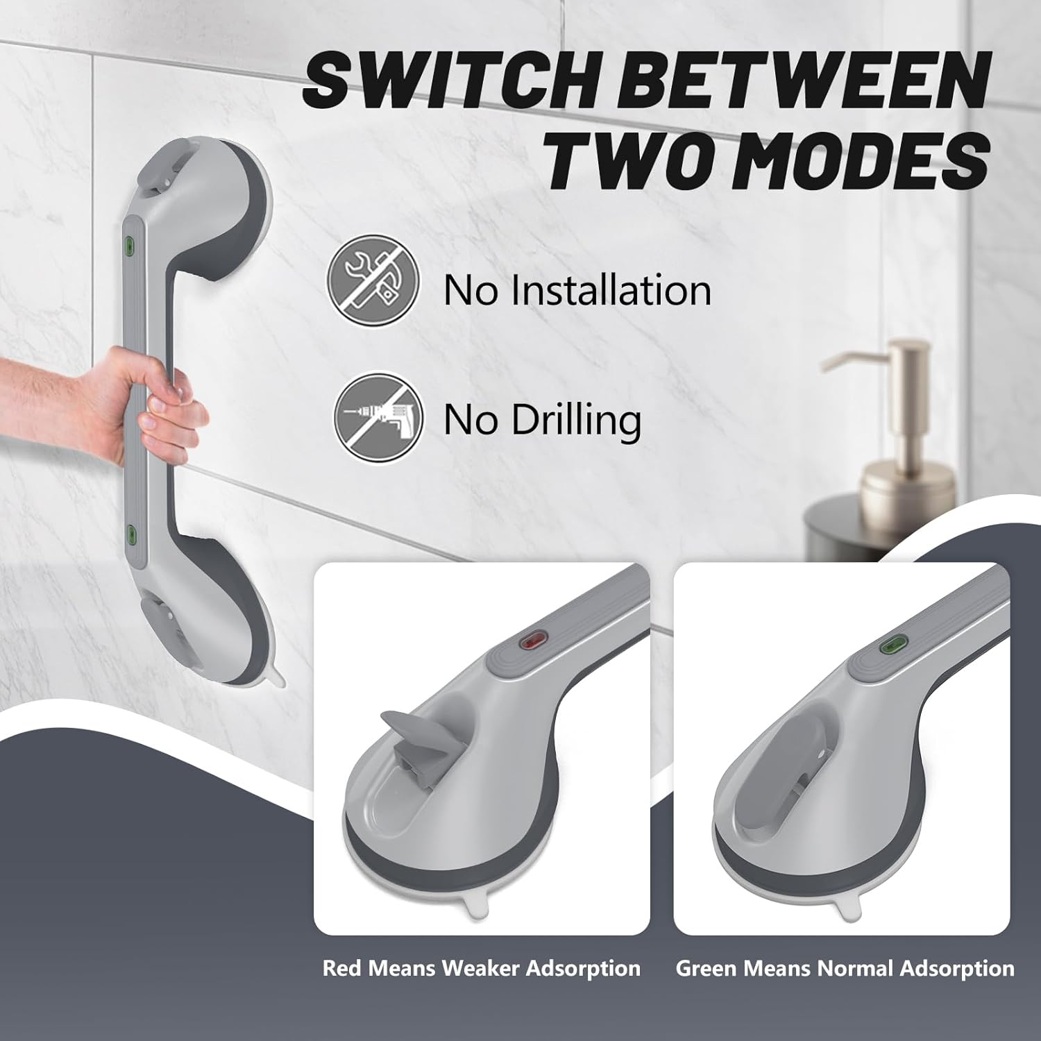 Grab Rail Shower Grab Bars for Seniors, 2 X 16 Inch Grab Rail with Suction Cup for Elderly, Mobile Bathroom Grab Handle, Non-Slip Suction Cup for Bathroom, Toilet, No Drilling, Shower Grab image number 3