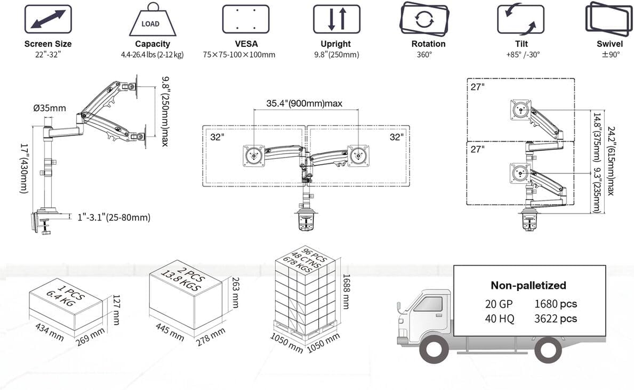 NB North Bayou Dual Monitor Stand Desk Mount Full Motion Swivel Monitor Arms Gas Spring for 17''- 27'' Computer Monitor Stand from 2Kg to 9Kg, Office Home Gifts for Women Men-H180 (Gunmetal) image number 4