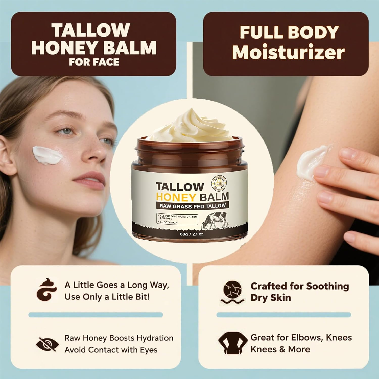 Skin Food Beef Tallow Moisturiser Natural Moisturiser for Face & Body with Grass-Fed Tallow, Raw Honey & Olive Oil - Gentle Care for Dry & Sensitiv 60G image number 1