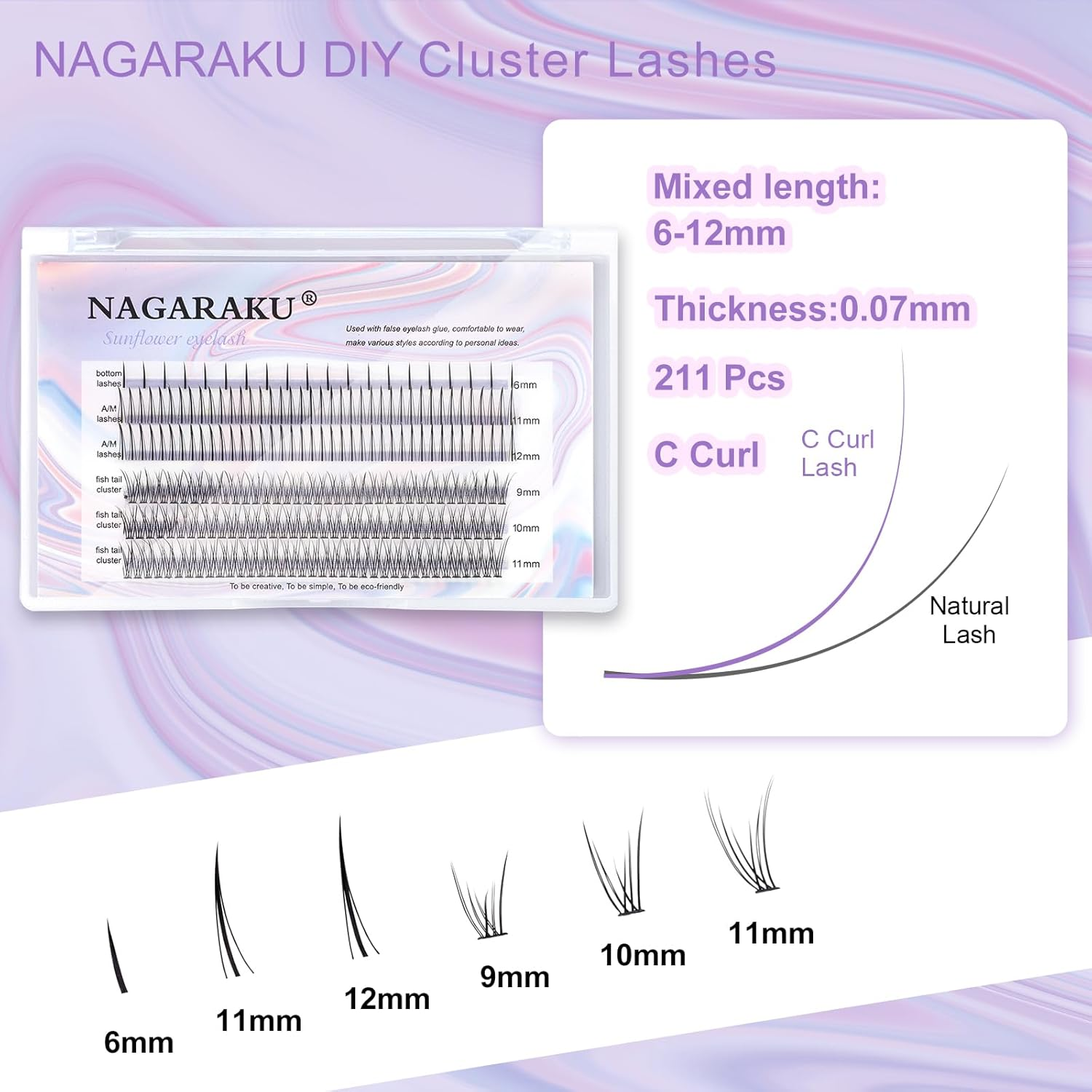 NAGARAKU 211 Pcs 3 in 1 DIY Lashes Individual Eyelash Extensions Cluster Mixed 3 Type Eyelashes - Spikes a Shape/Fishtail Fairy Extension Premade Fans/Bottom Lashes Volume at Home - 0.07 C Curl 12Mm