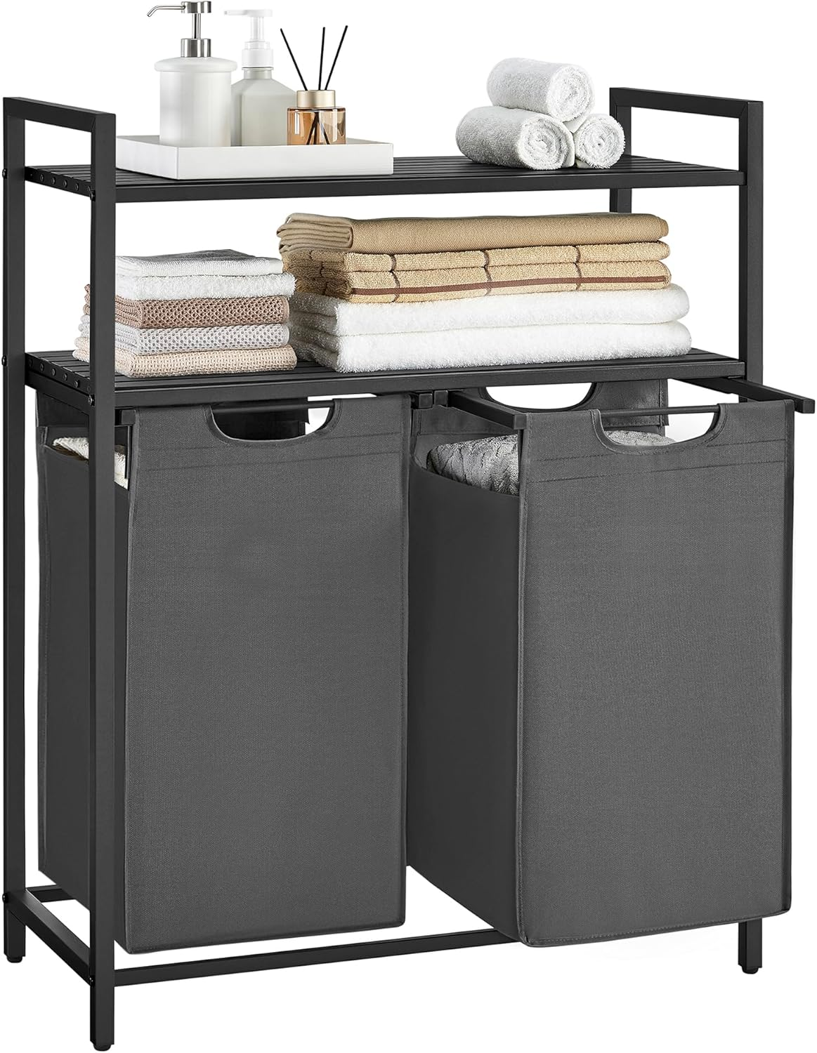 VASAGLE Laundry Hamper, Laundry Basket, Laundry Sorter with 2 Pull-Out and Removable Bags, 2 Shelves, 12.1 Gal (46L) Capacity per Bag, for Laundry Room, White UBLH211W01