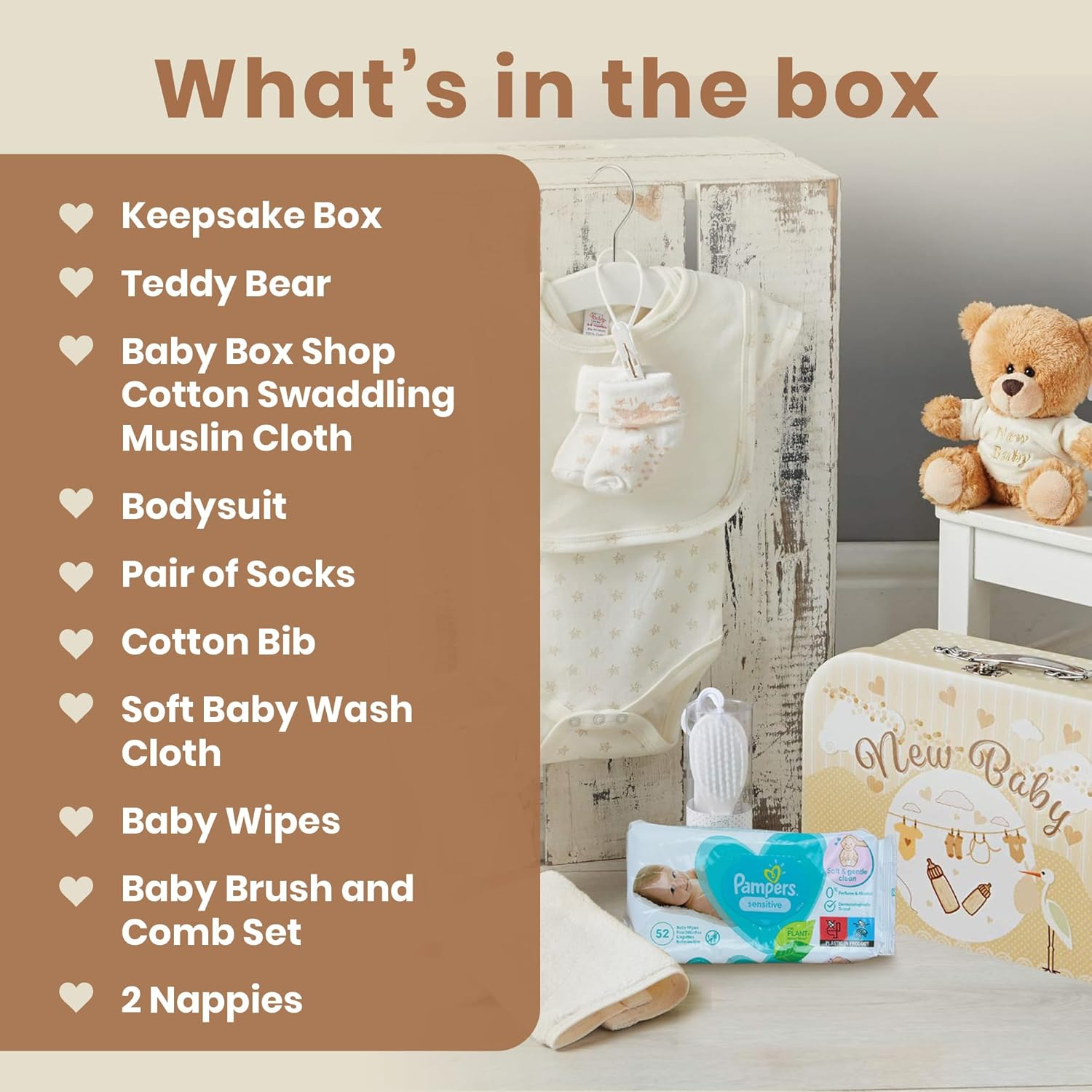 Baby Box Shop Unisex - 12 Pcs Neutral Baby Essentials - Baby Gift Hampers, Gender Neutral Baby Gift Basket Hampers, Baby Gender Reveal Gift Set - Cream image number 1