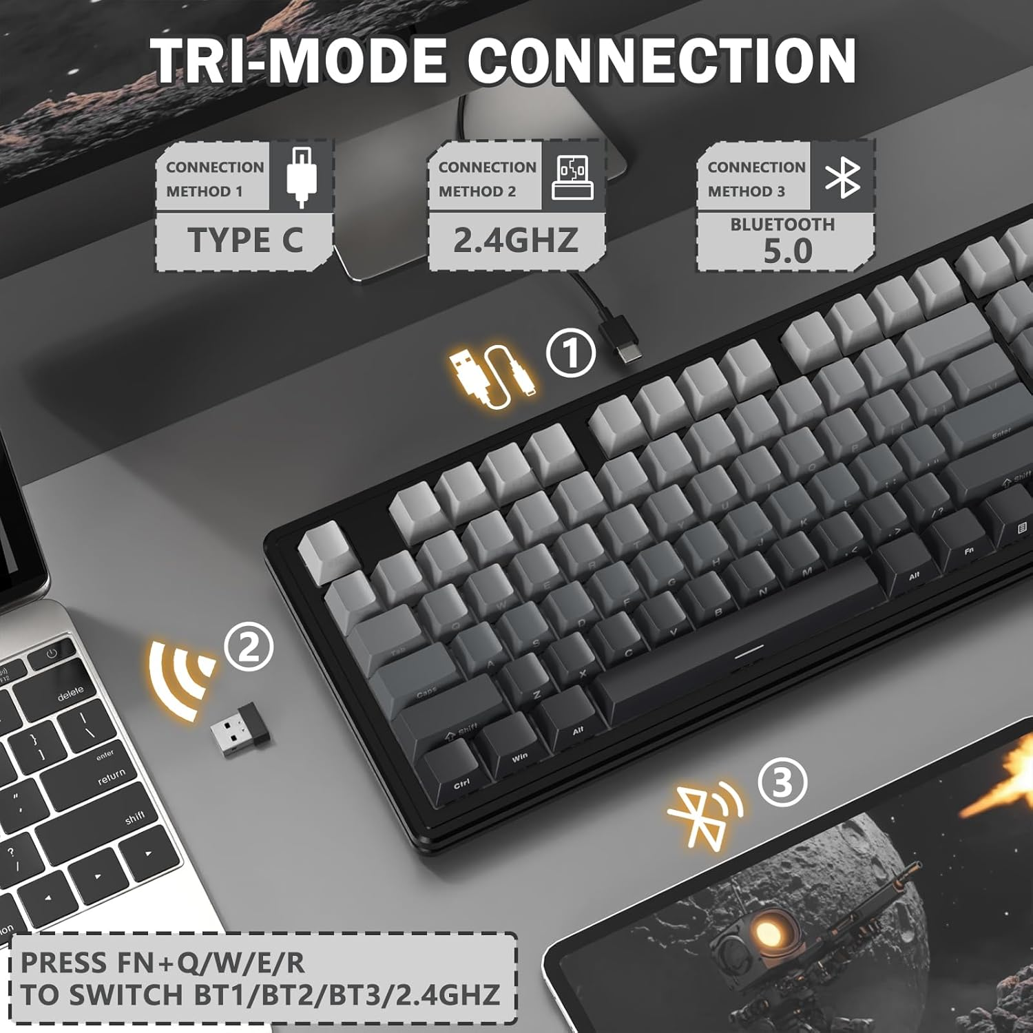 ATTACK SHARK M87PRO TKL Wireless Mechanical Gaming Keyboard, BT5.0/2.4G/USB-C Wired Hot-Swap RGB Keyboard with US Layout, Linear White Switch with Side Gradient Print, Moon Night - Matcha image number 2