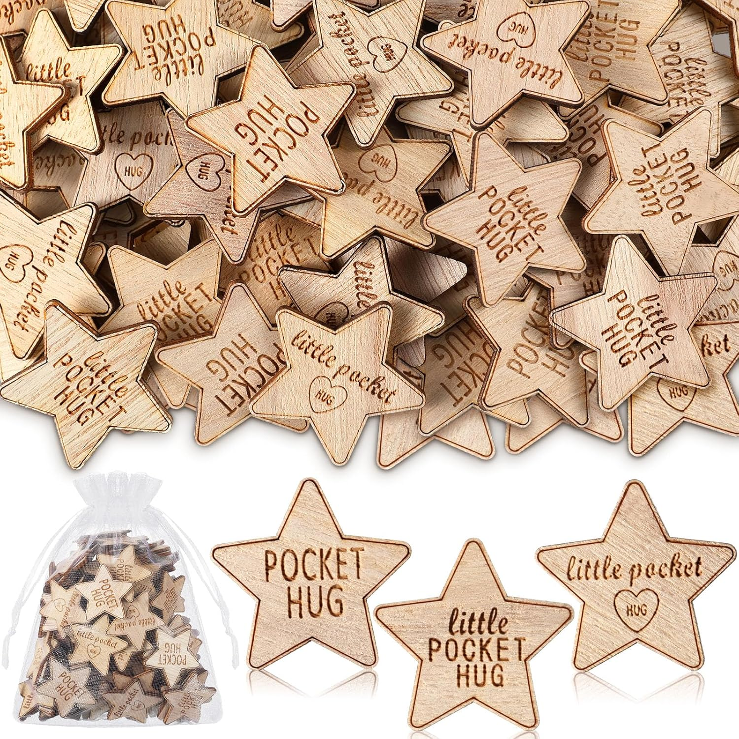 Croblissful 150 Pcs Wooden Pocket Hug Token Bulk with 3 Pcs Organza Bags Remembrance Little Heart Star round Pocket Hug Keepsake for Family Birthday Celebration of Life Funeral Love Gifts (Star)