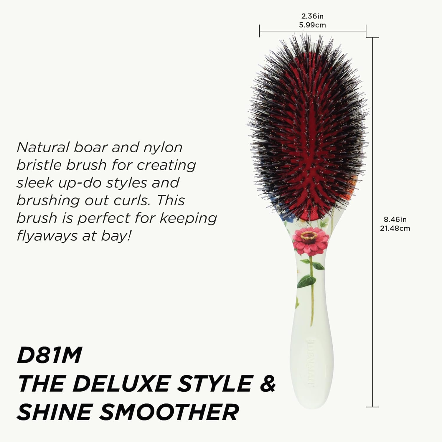 Denman Boar Bristle Hair Brush &ndash; Smoothing & Shine Enhancing for Slick Back Styles, Curl Defining & Detangling. D81M Floral Fantasy Hairbrush with Natural Bristles for All Hair Types for Women & Men