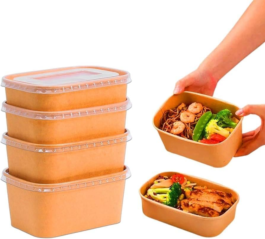 50 Sets, Kraft Disposable Salad Bowls W/Lids 500Ml (45Mm X 175Mm X120Mm), 17Oz Rectangular Kraft Paper Bowls, Oil-Proof Meal Prep Food Container for Restaurant, for Hot and Cold Take Out, Eco-Friendly image number 2