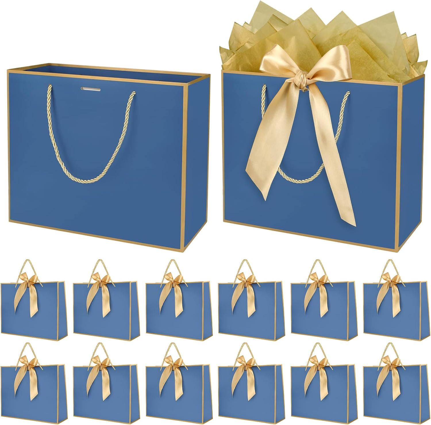 Oundarm 12 Pack 32 X 25 X 11CM Bow Blue Gold Handles Gift Bags with Gold Tissue Papers and Ribbons, Gift Paper Bags Bulk for Bridesmaid Birthday Fathers Day Graduation Anniversary Christmas image number 5