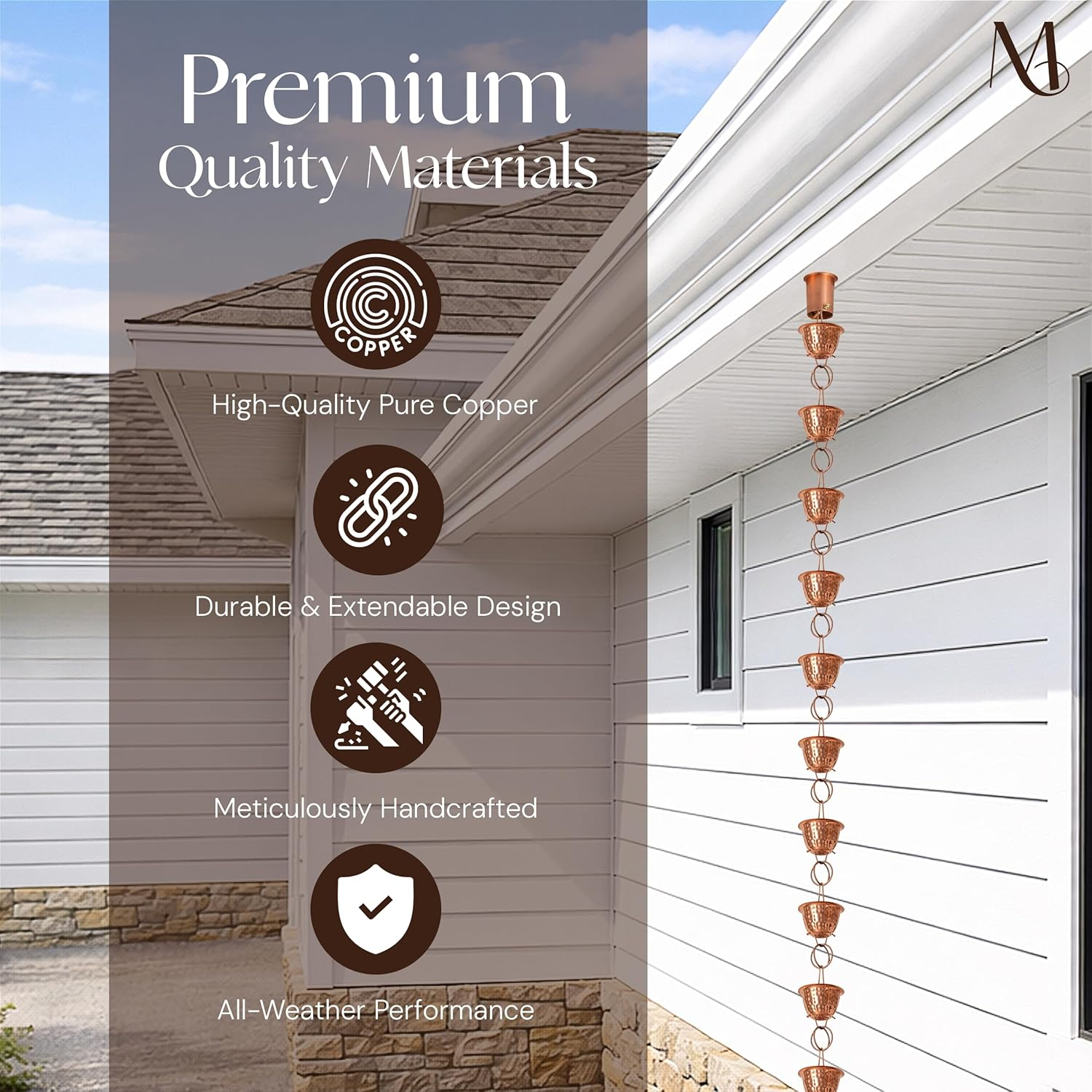 Monarch Rain Chains 26558 Pure Copper Hammered Cup Rain Chain Replacement Downspout for Gutters, 8-1/2 Feet Length image number 6