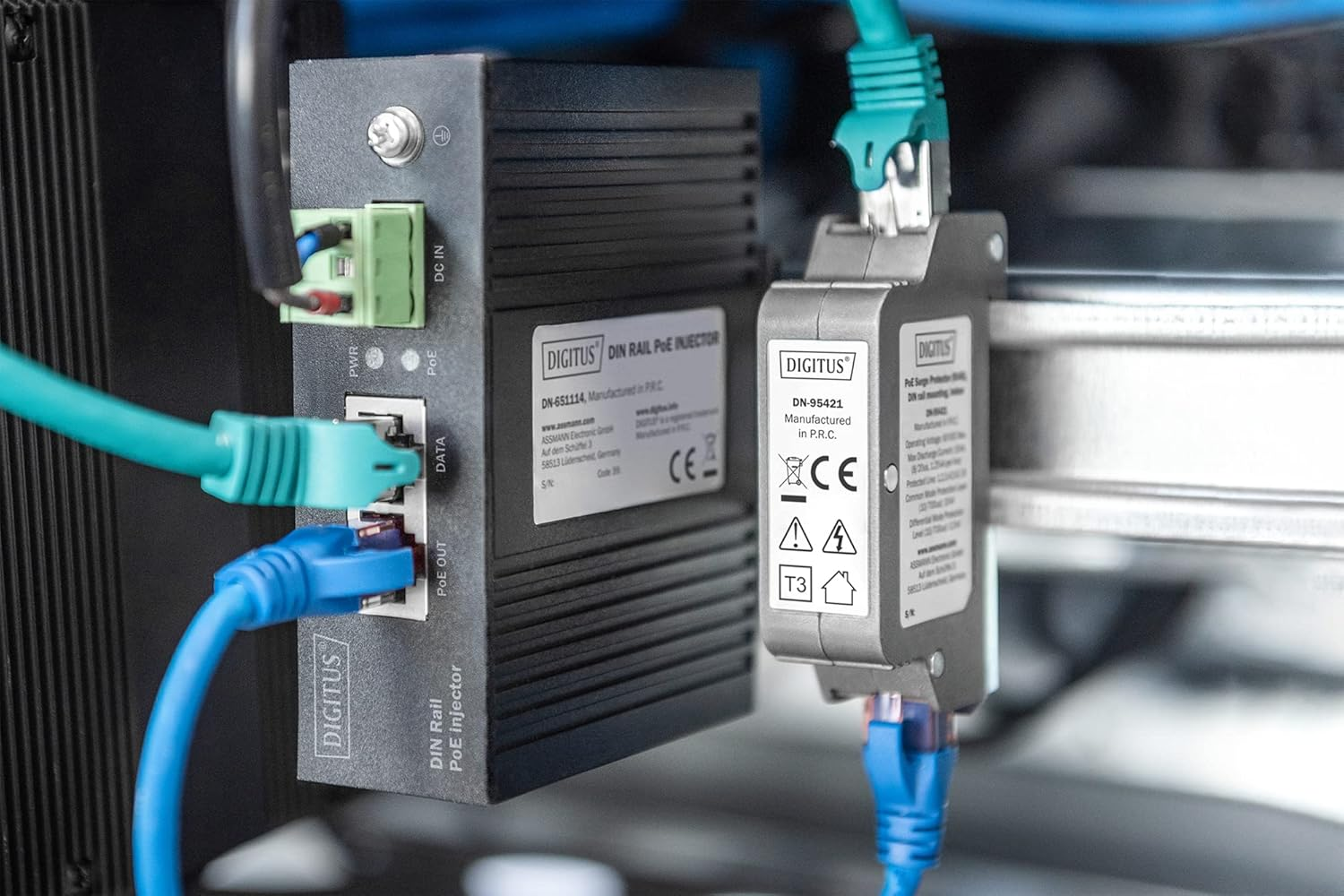 DIGITUS Poe Surge Protection - up to 10 Kv - 2X RJ45 Port - Poe++ - DIN Rail Mount - IP40 Protection Class - 10/100/1000Mbps image number 1