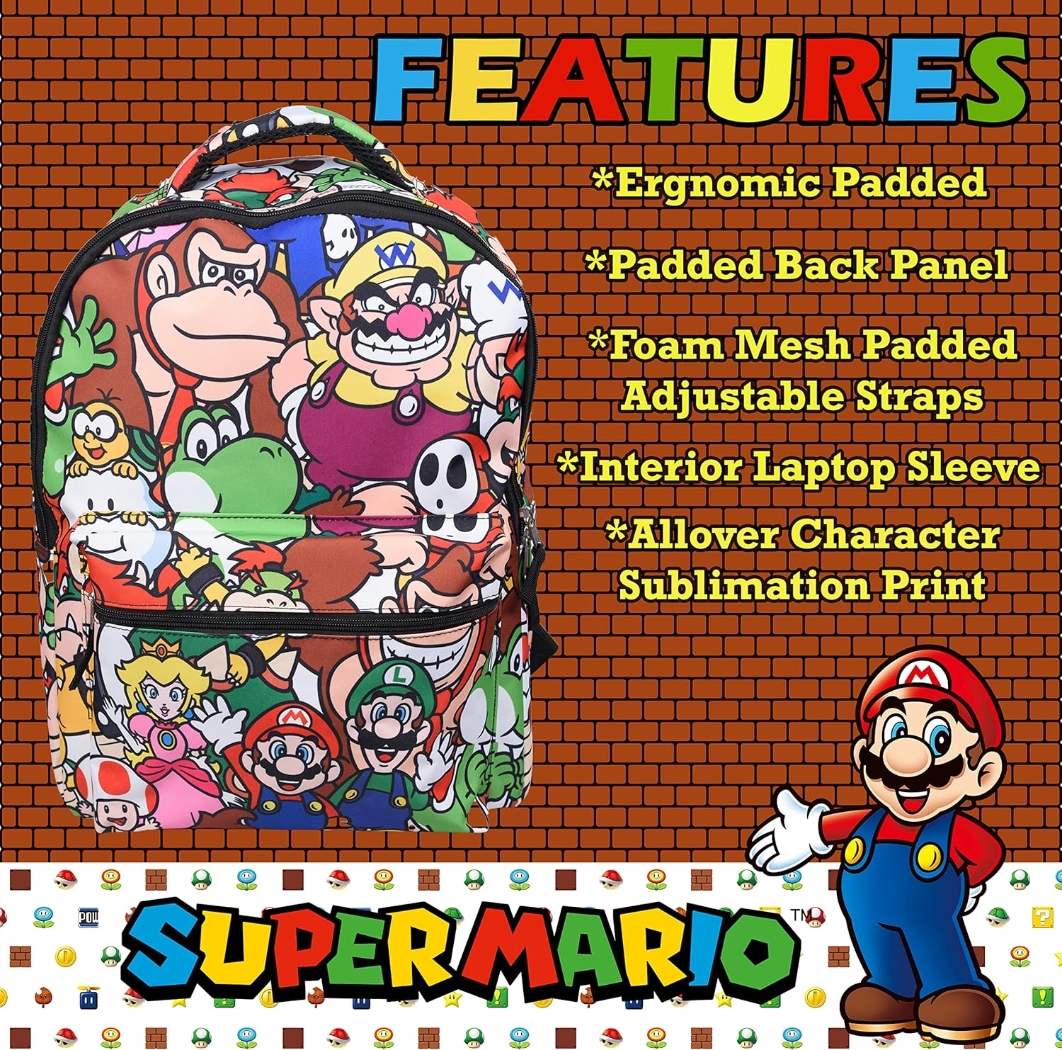 Nintendo Super Mario Backpack for Boys & Girls, School Bag with Front Pocket, Allover Character Print Gaming Bookbag with Padded Back and Adjustable Mesh Straps image number 3