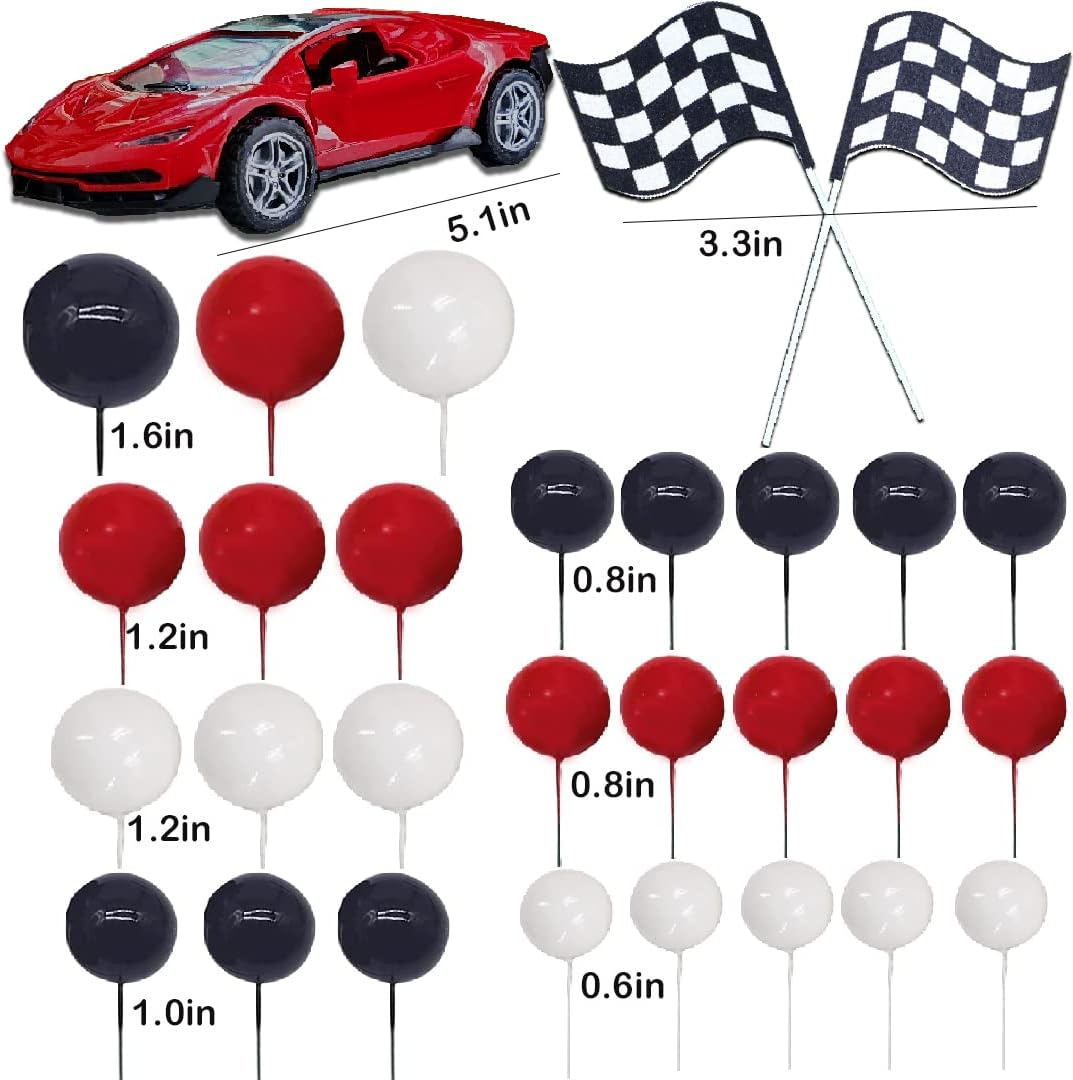 30PCS Race Car Cake Toppers with Checkered Flag, Red Black White Balls, for Race Car Themed Birthday Party image number 2