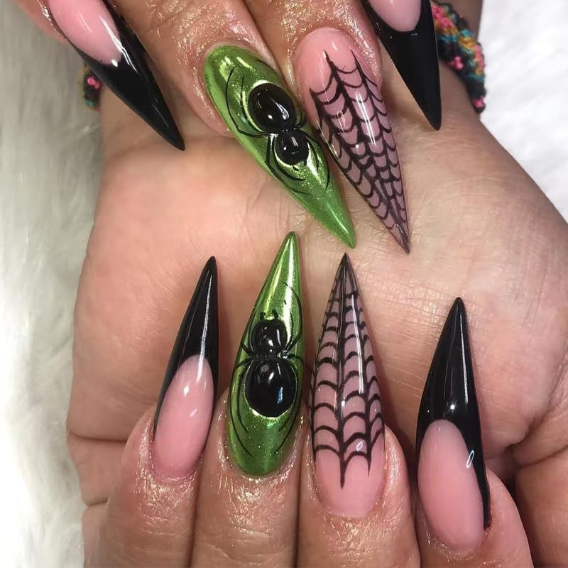 Mouyouglow Press on Nails Long, Stiletto Halloween Spider Web Black French 3D Spiders Skull Creepy Spooky Horror Gothic Fake Nails with Nail Glue, Black Tips Artificial Fingernails Nails-Hae5 image number 1