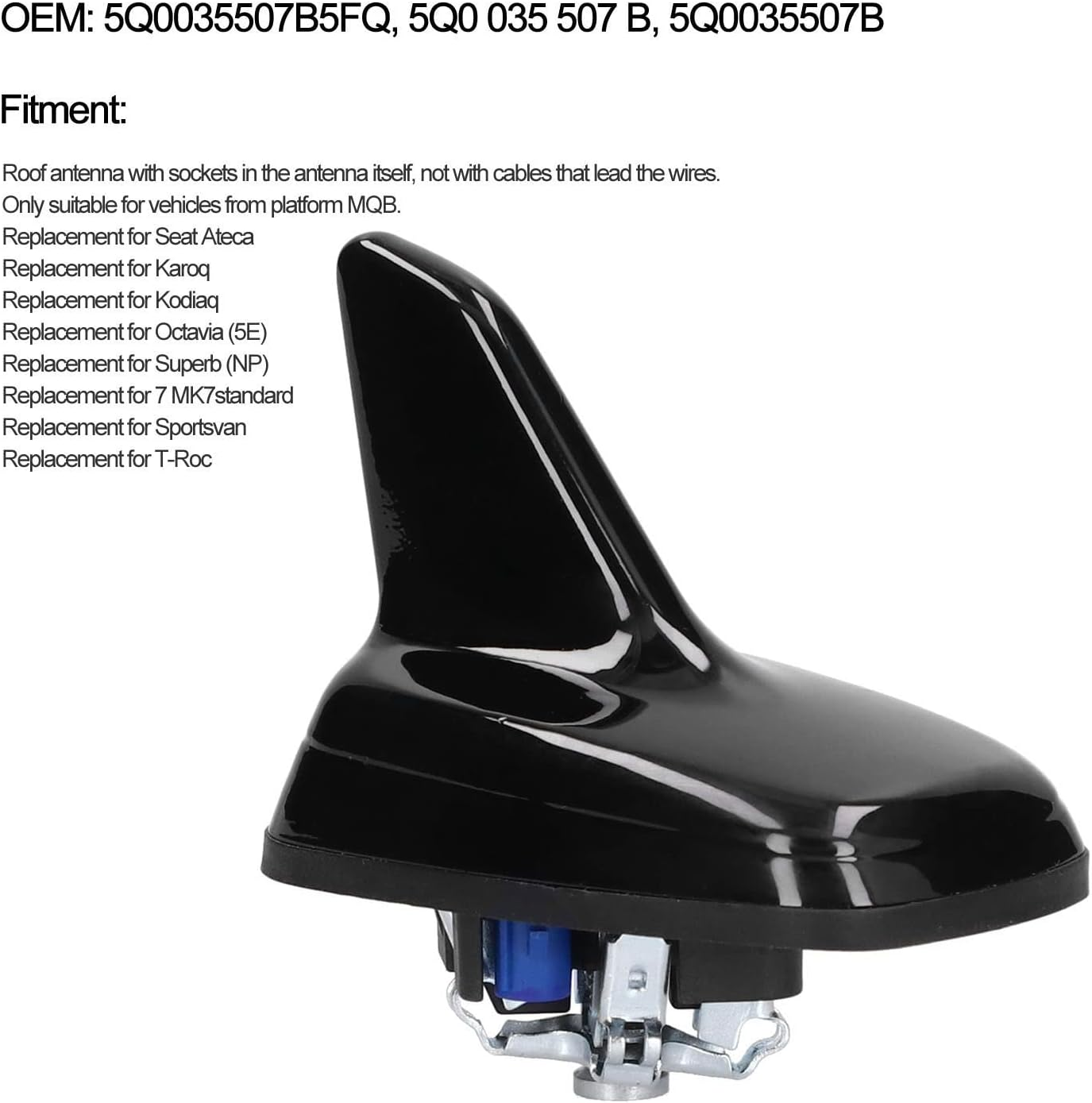Shark Fin Antenna, Glossy Black Roof Topper 5Q0035507B5FQ Compatible with Skoda Karoq Kodiaq Octavia Superb NP, Car Roof Antenna Replacement, Vehicle Radio Signal Accessory