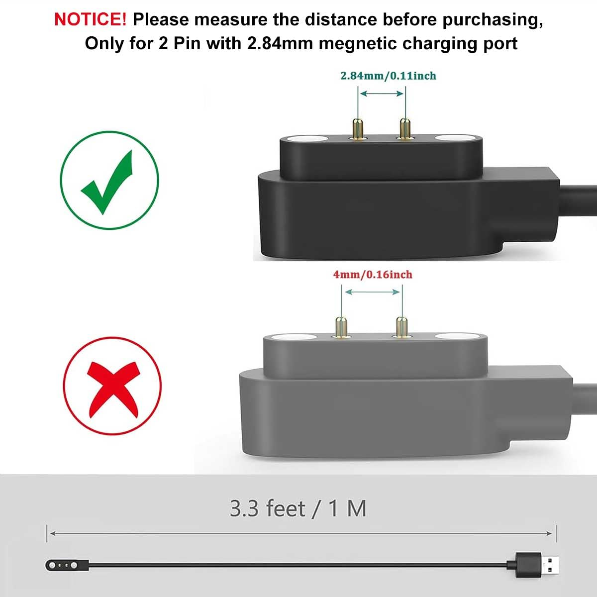 T Tersely 2 Pin 1M/3.3FT Magnetic Smart Watch Charger for YAMAY Sw023/Letsfit Id205/Wiliful Sw021/Vigorun ID216, USB Cable Replacement Charging for Umidigi Uwatch 2/2S/3/3S/Urun/S/Ufit