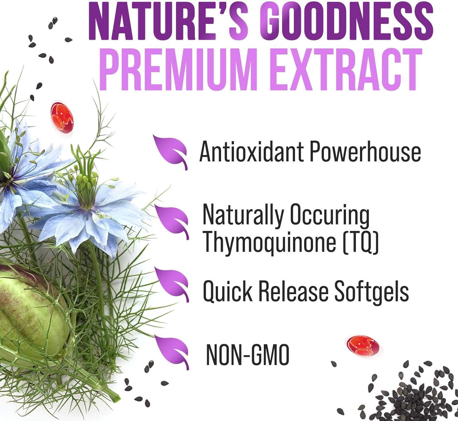 Black Seed Oil Capsules 1000Mg, Vegan Premium Nigella Sativa Black Cumin Seed Oil, Non-Gmo, Vegetarian, Extra Strength Blackseed Oil Softgel Supplement for Immune Support - 60 Capsules image number 4