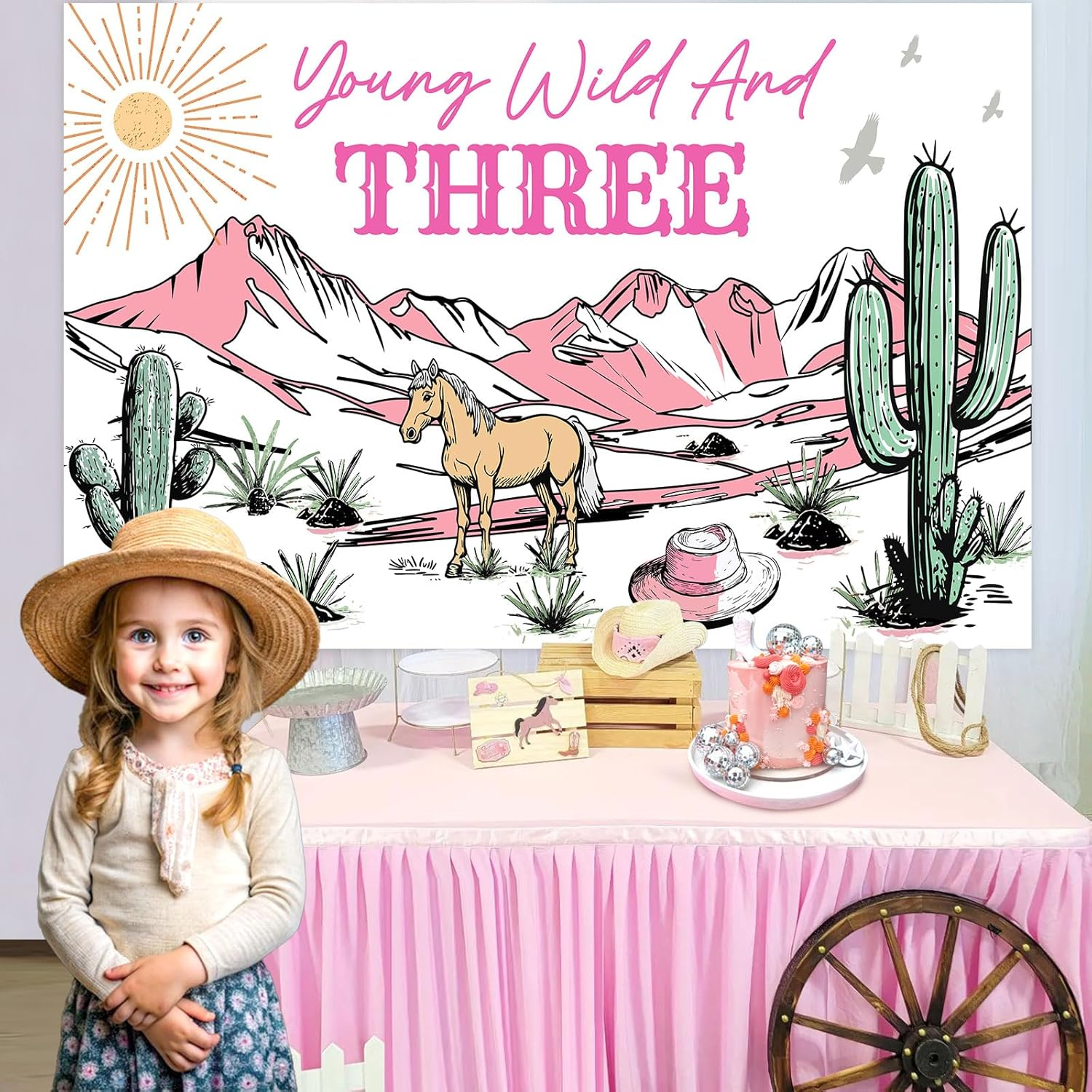 Wonmelody Western Cowgirl 3Rd Birthday Decorations Young Wild and Three Backdrop Banner 4.92 * 3.28Ft Western Theme Birthday Decorations Wild Rodeo Birthday Photo Background Wild West Birthday Girl image number 2