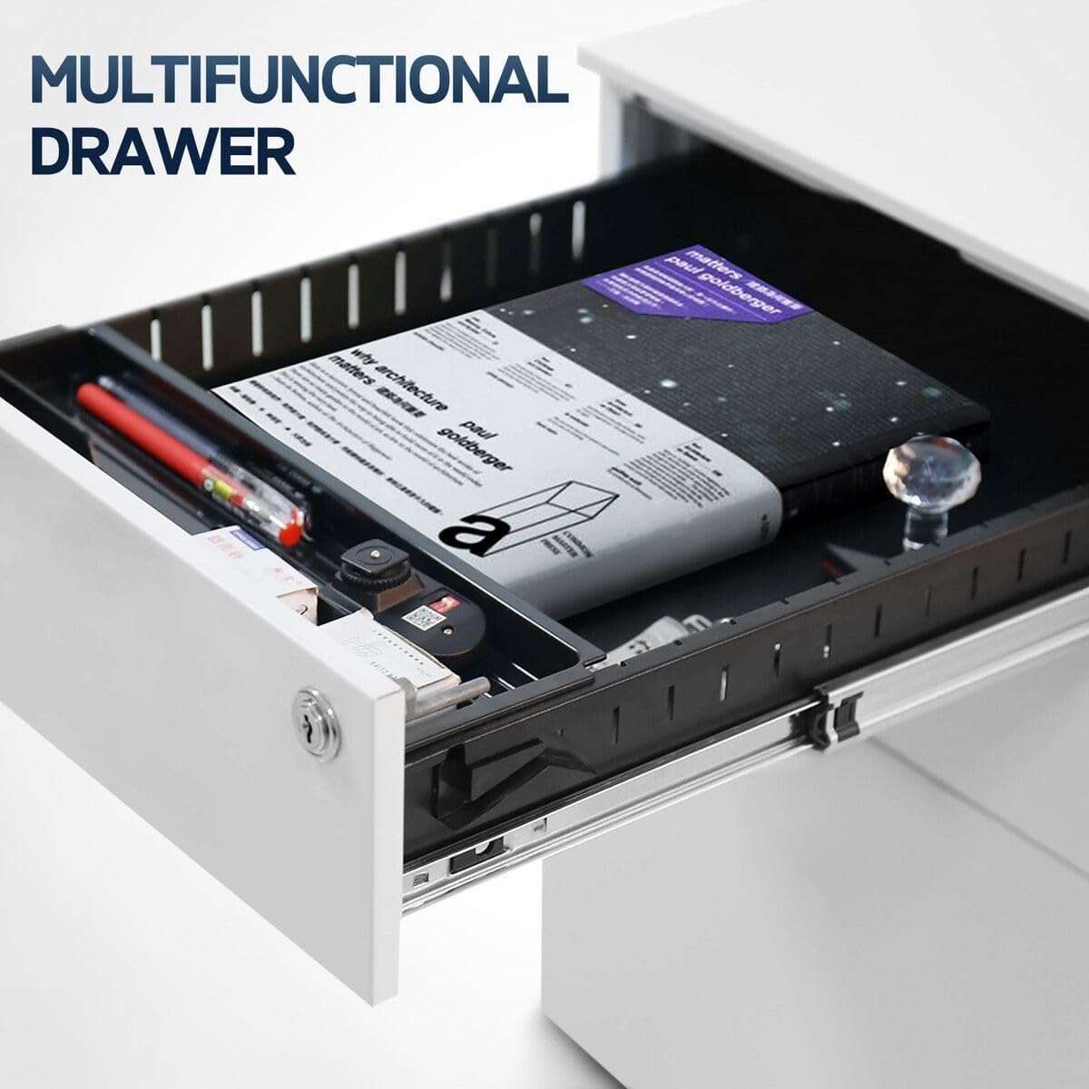 Steel File Cabinet 3 Drawers Metal Office under Desk Document Storage Furniture White Vertical Locking Mobile Filing Organiser Unit on 5 Wheels image number 1