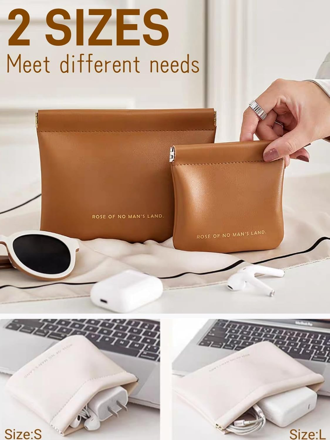2 PCS Makeup Bag for Women, PU Leather Travel Cosmetic Pouch with Zipper, Waterproof and Durable, Perfect for Purse, Travel, or Gifting (Brown) image number 4