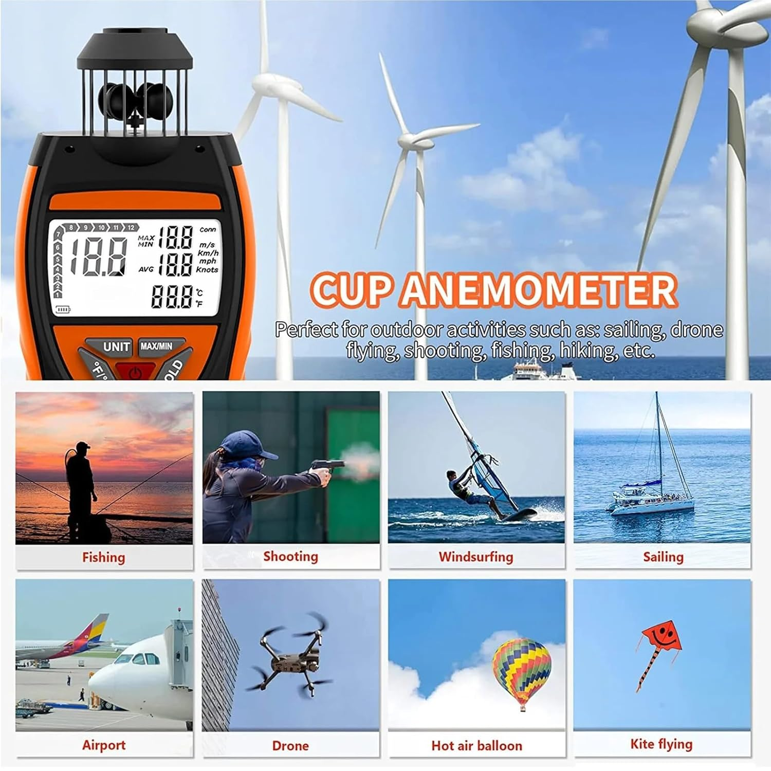 Anemometer with Temperature Measurement, Wind Speed Meter, Outdoor Wind Gauge, for Mountaineering & Sailing image number 4