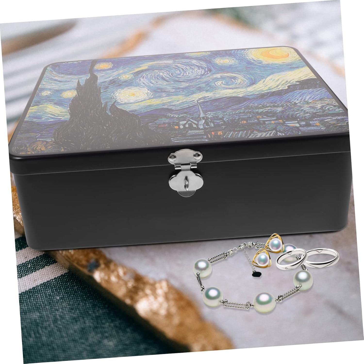 Large Vintage Tin Storage Box with Lock Retro Decorative Organizer Metal Keepsake and Jewelry Container for Home and Office Use image number 6