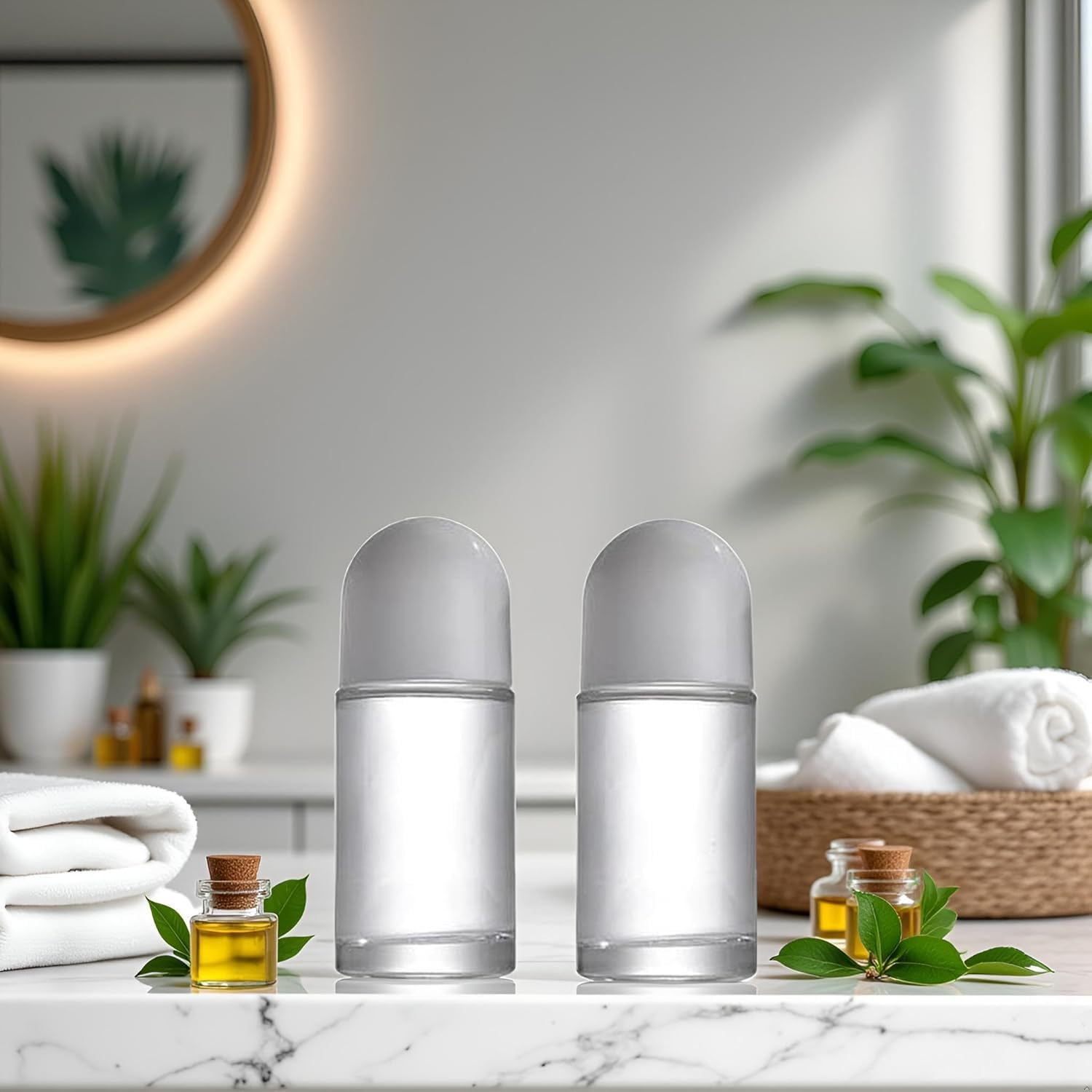 2Pcs White 50ML Glass Empty Roller Bottles with Plastic Roller Ball, Roll on Bottles Containers Leak Proof Massage Ball with Cap for Essential Oil Refillable Containers image number 3