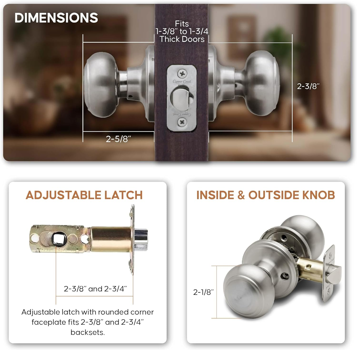 Copper Creek Colonial Passage Interior Door Knob &ndash; ANSI Grade-3 Certified, Modern Heavy Duty Handle, Easy Install and Reversible for Bedroom, Bathroom and Closets &ndash; Satin Stainless (3 Pack) image number 5