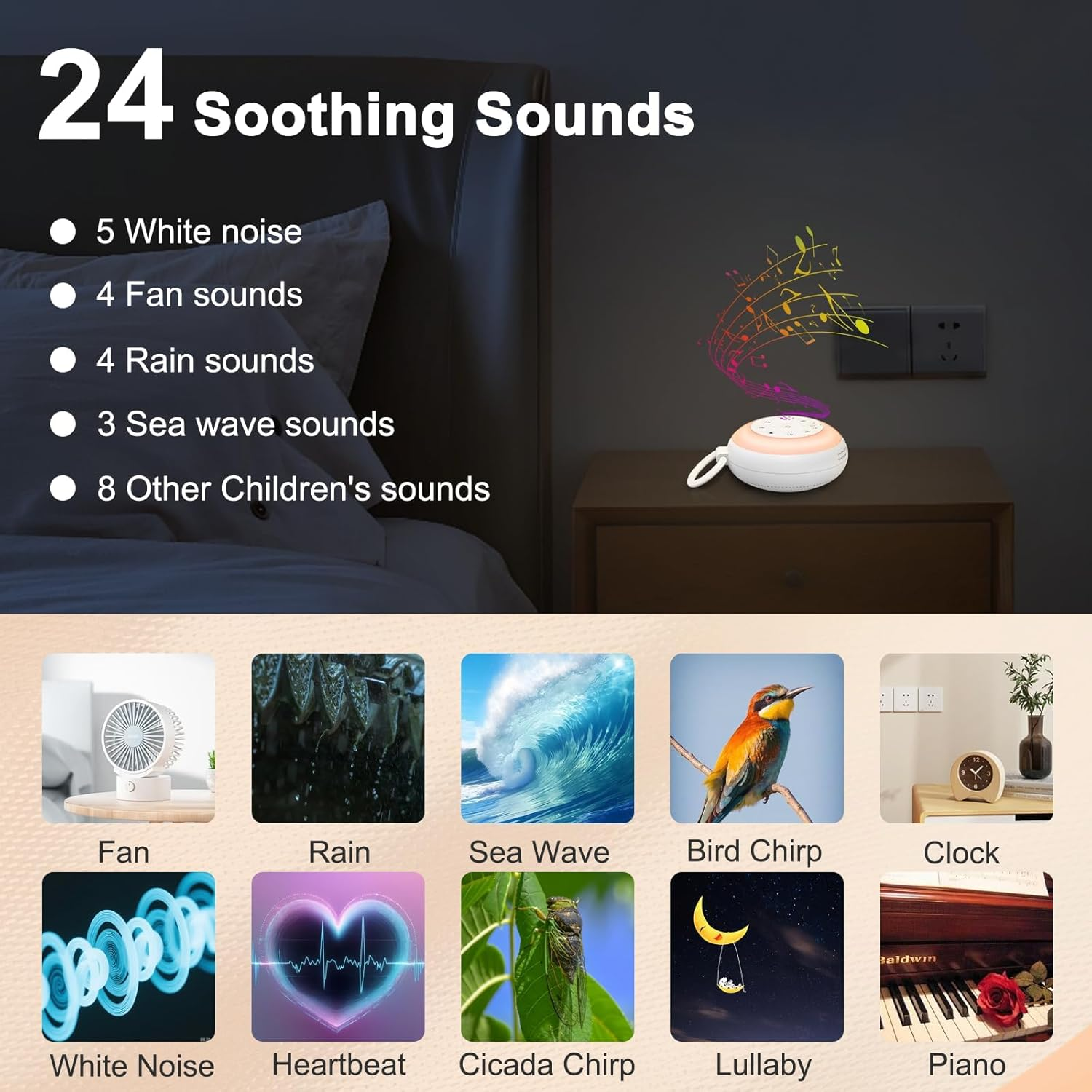 Musotica White Noise Sound Machine for Baby & Adult Sleeping, 24 Soothing Sounds, 7 Color Night Light, 3 Timer Options, Wireless Speaker, Portable Size, Noise Canceling image number 5